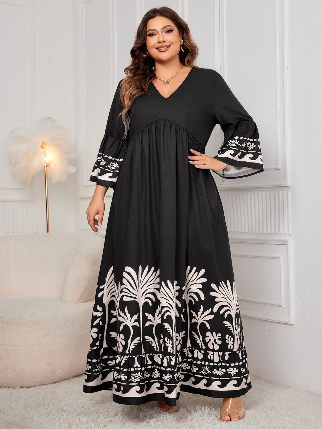 Honey Plus Size Printed V - Neck Long Sleeve Maxi Dress - GirlyBayPlus Size ClothesHoney Plus Size Printed V - Neck Long Sleeve Maxi Dress1001003918510831XLBlackGirlyBayHoney Plus Size Printed V - Neck Long Sleeve Maxi Dress