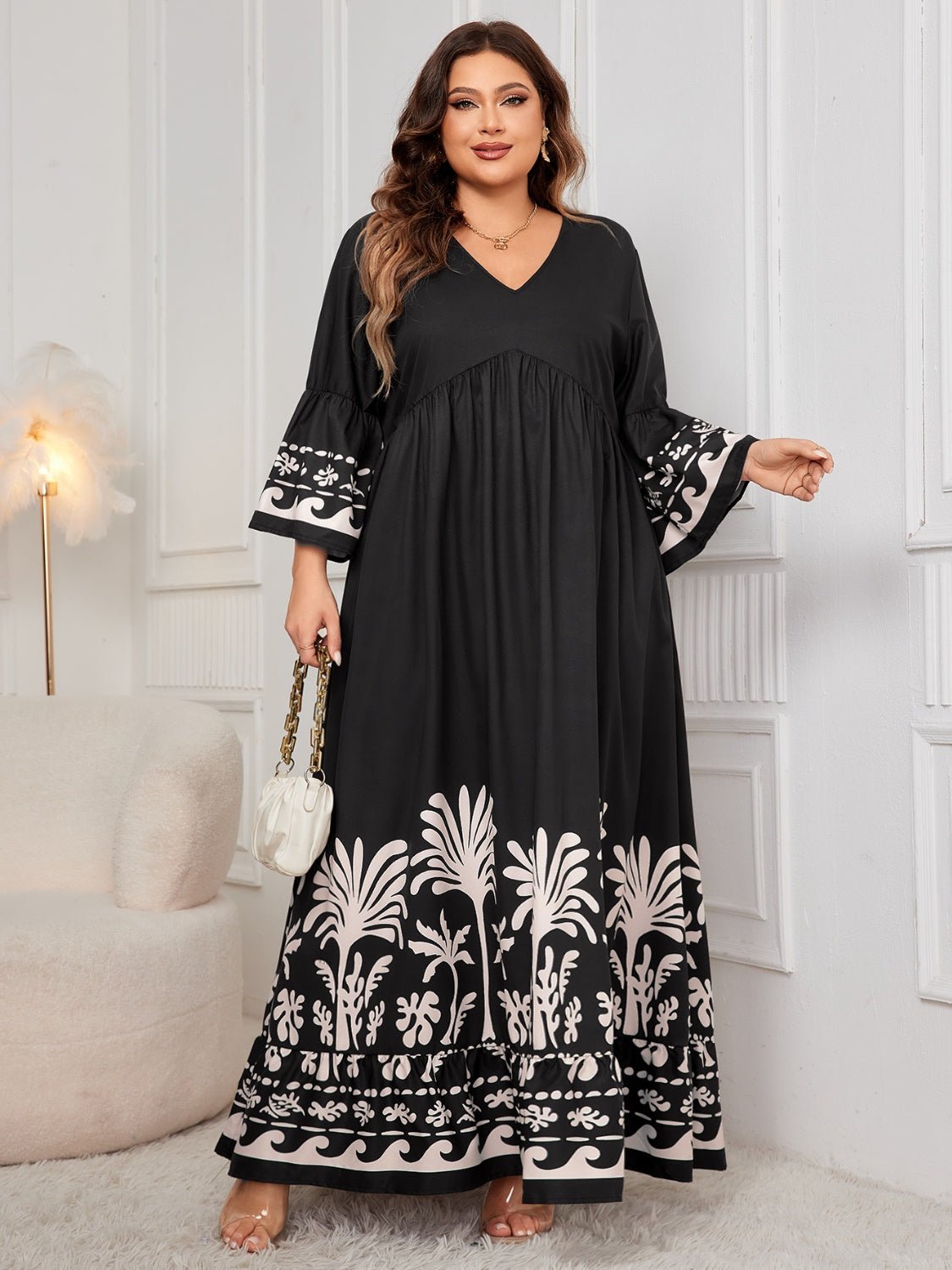 Honey Plus Size Printed V - Neck Long Sleeve Maxi Dress - GirlyBayPlus Size ClothesHoney Plus Size Printed V - Neck Long Sleeve Maxi Dress1001003918510831XLBlackGirlyBayHoney Plus Size Printed V - Neck Long Sleeve Maxi Dress