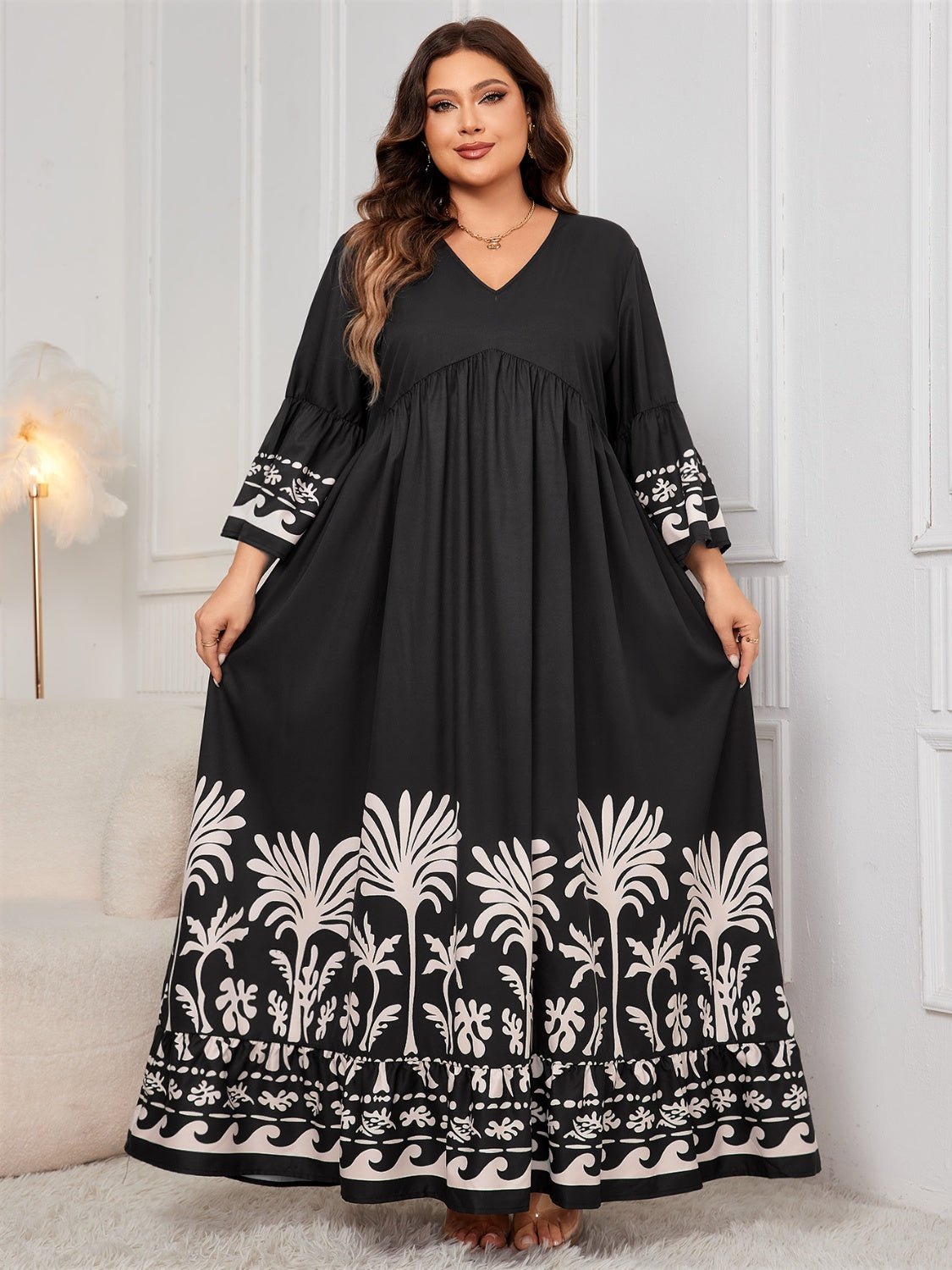 Honey Plus Size Printed V - Neck Long Sleeve Maxi Dress - GirlyBayPlus Size ClothesHoney Plus Size Printed V - Neck Long Sleeve Maxi Dress1001003918510831XLBlackGirlyBayHoney Plus Size Printed V - Neck Long Sleeve Maxi Dress