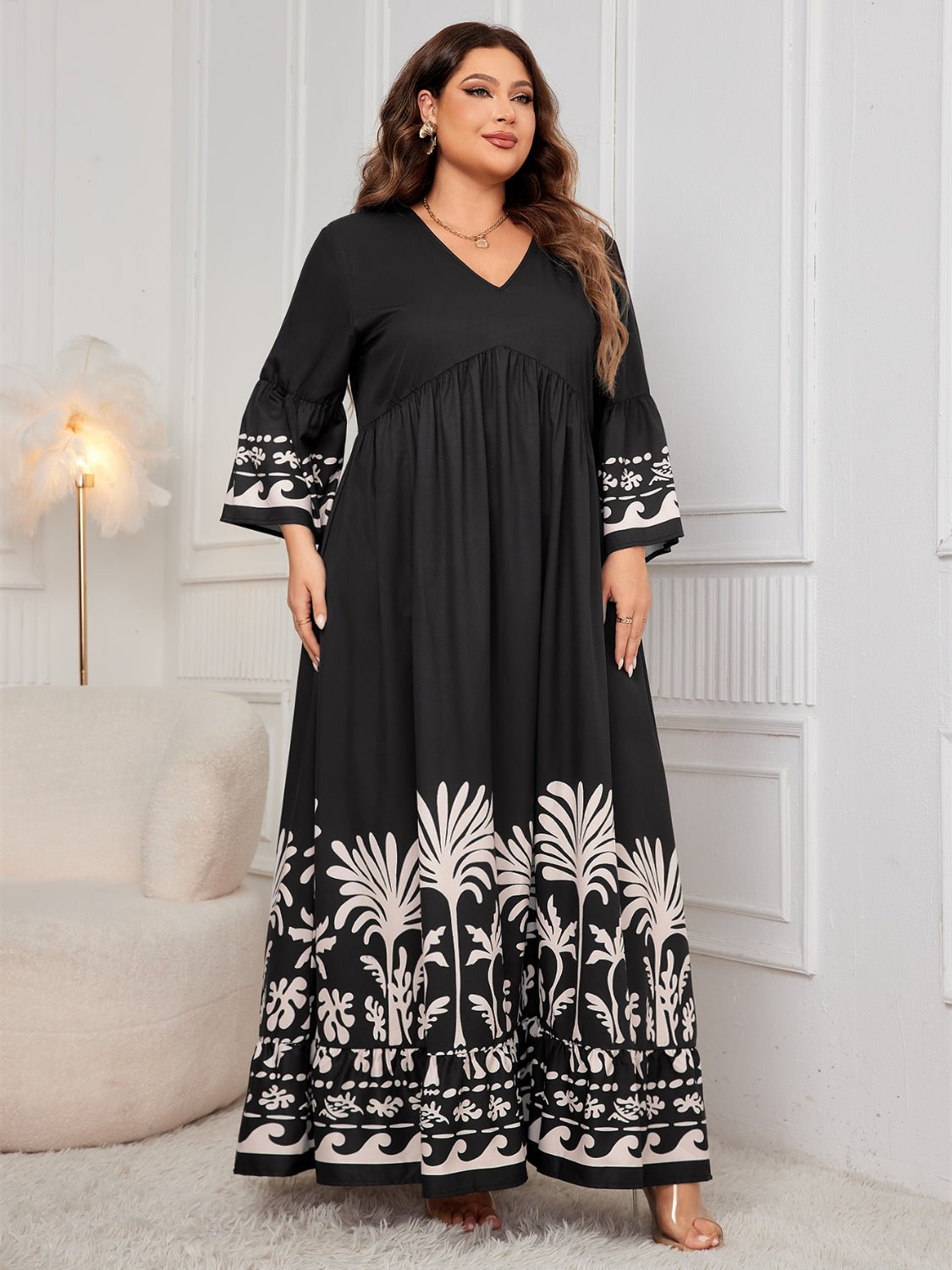 Honey Plus Size Printed V - Neck Long Sleeve Maxi Dress - GirlyBayPlus Size ClothesHoney Plus Size Printed V - Neck Long Sleeve Maxi Dress1001003918510831XLBlackGirlyBayHoney Plus Size Printed V - Neck Long Sleeve Maxi Dress