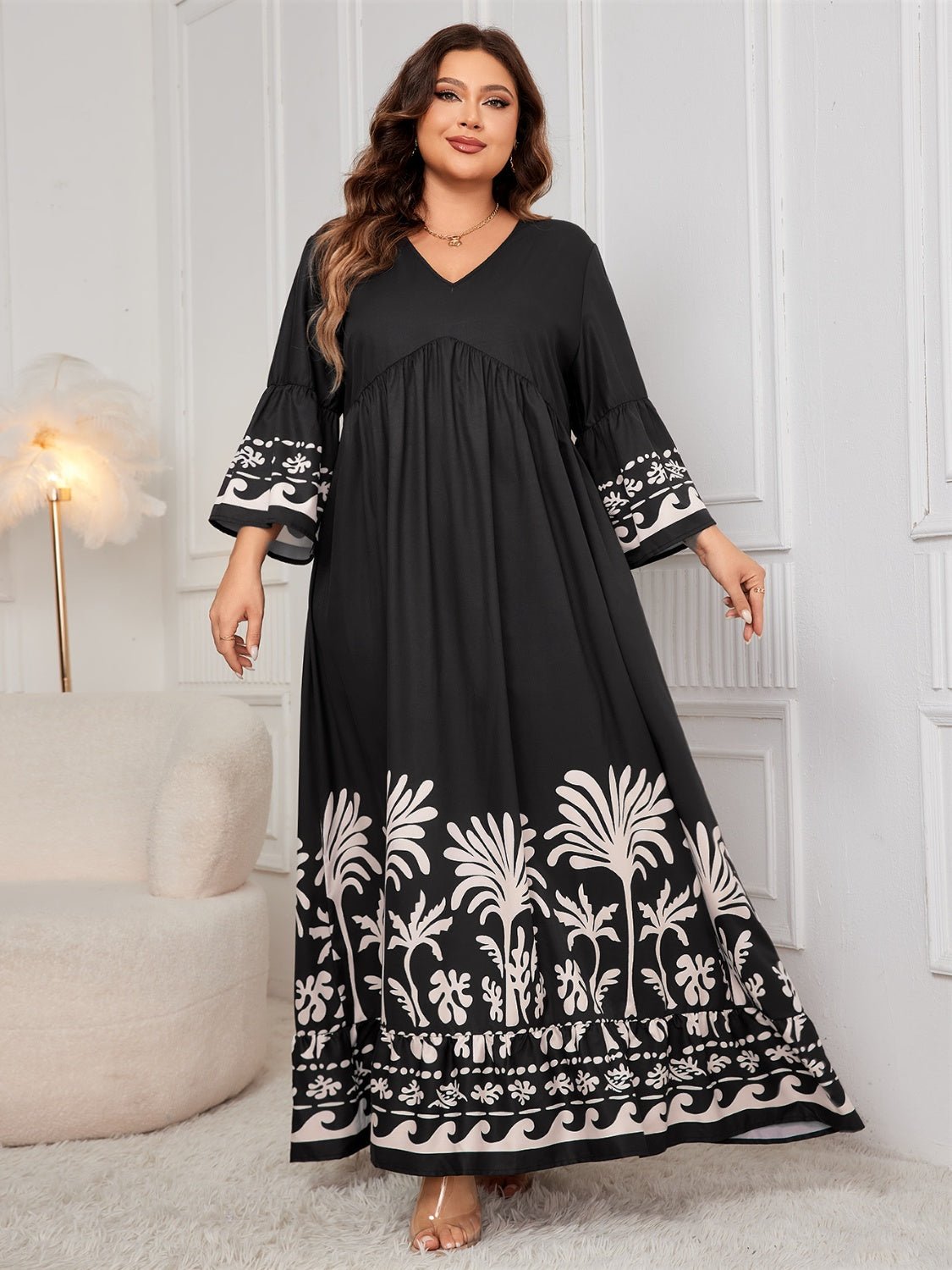 Honey Plus Size Printed V - Neck Long Sleeve Maxi Dress - GirlyBayPlus Size ClothesHoney Plus Size Printed V - Neck Long Sleeve Maxi Dress1001003918510831XLBlackGirlyBayHoney Plus Size Printed V - Neck Long Sleeve Maxi Dress