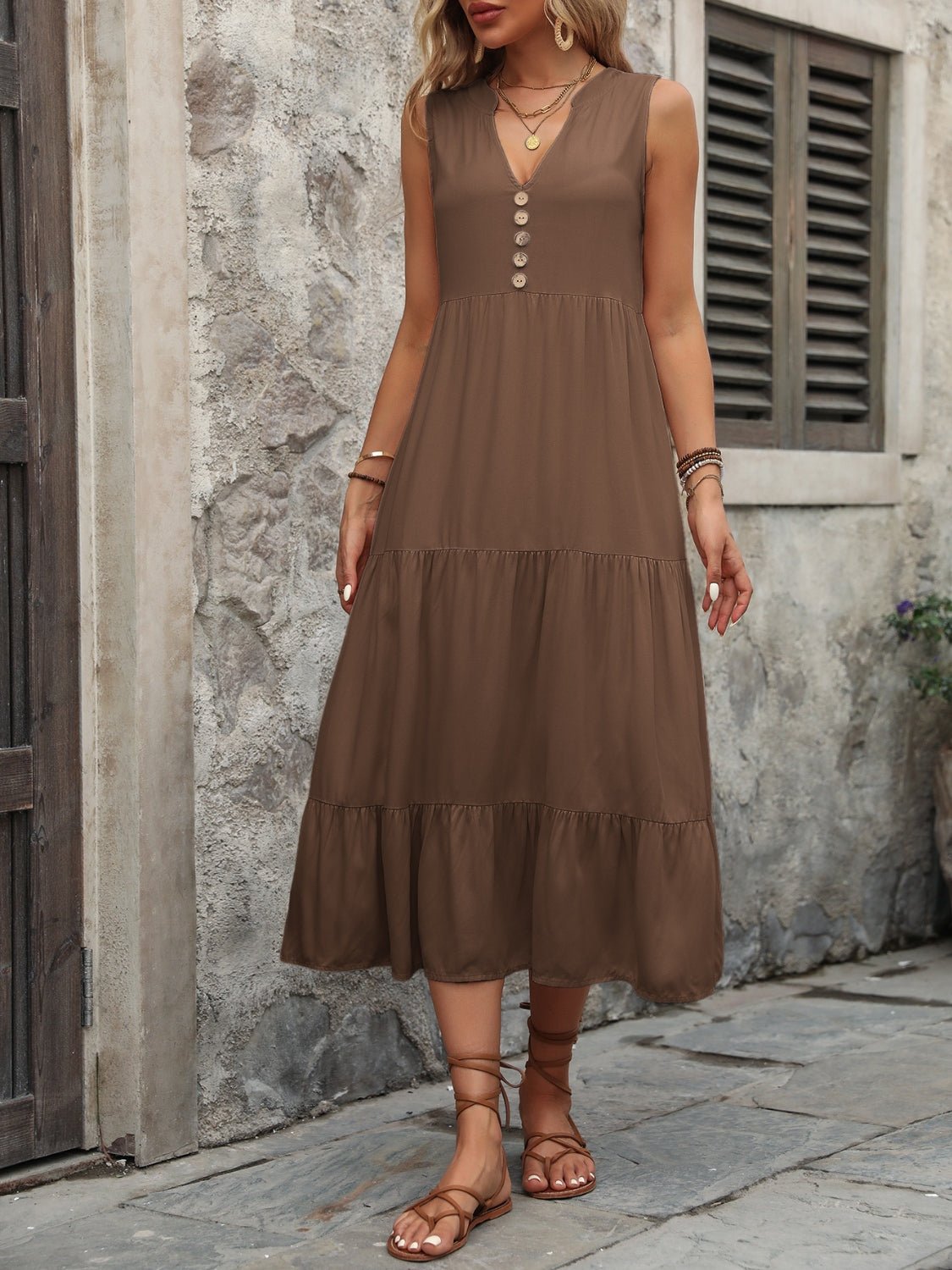 Ivy Lane Decorative Button Notched Sleeveless Dress - GirlyBayIvy Lane Decorative Button Notched Sleeveless Dress100100598932128SBrownGirlyBayIvy Lane Decorative Button Notched Sleeveless Dress
