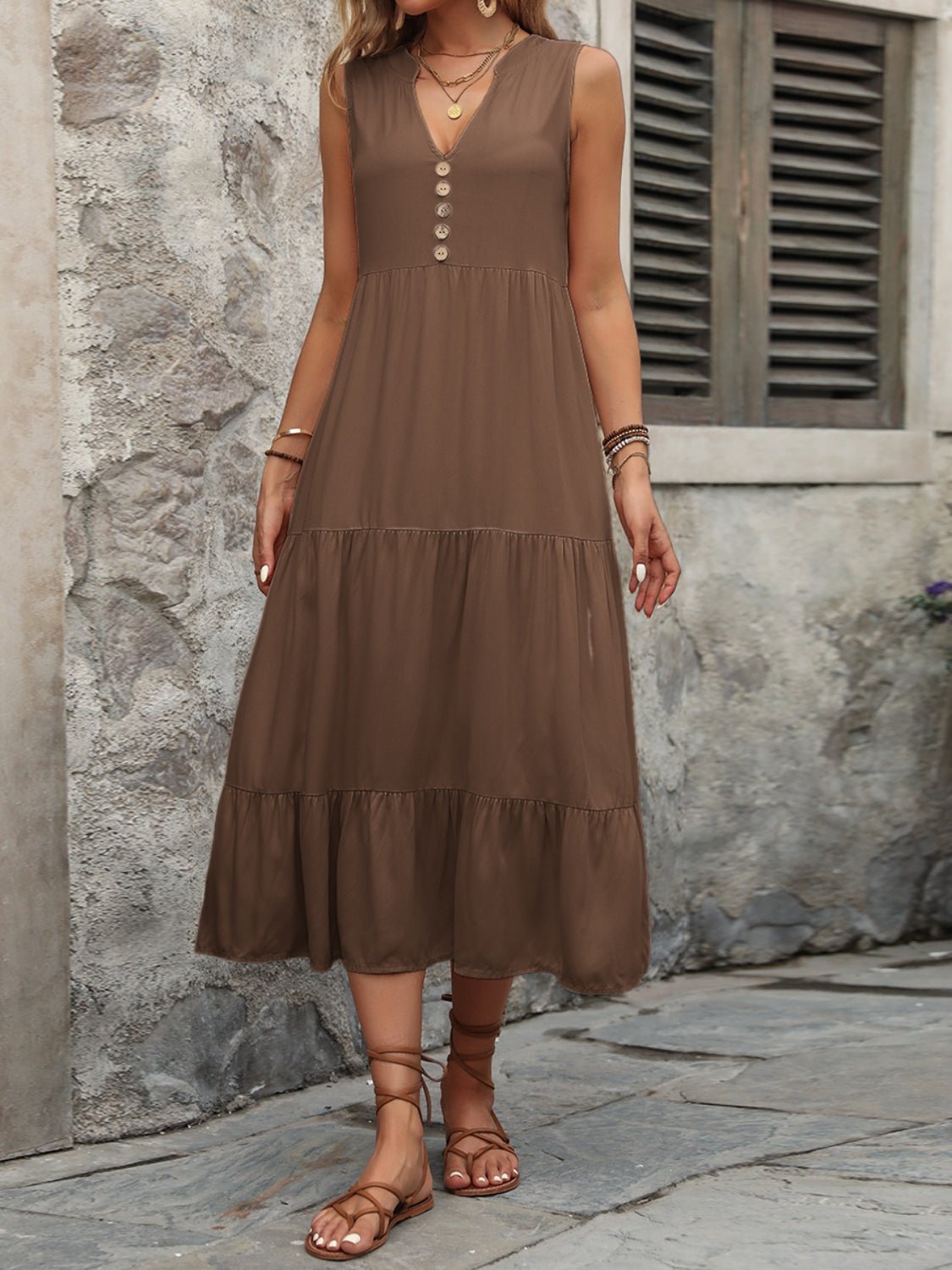 Ivy Lane Decorative Button Notched Sleeveless Dress - GirlyBayIvy Lane Decorative Button Notched Sleeveless Dress100100598932128SBrownGirlyBayIvy Lane Decorative Button Notched Sleeveless Dress