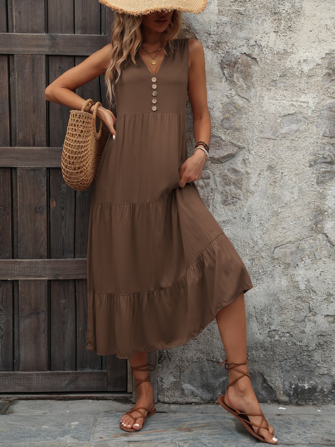 Ivy Lane Decorative Button Notched Sleeveless Dress - GirlyBayIvy Lane Decorative Button Notched Sleeveless Dress100100598932128SBrownGirlyBayIvy Lane Decorative Button Notched Sleeveless Dress