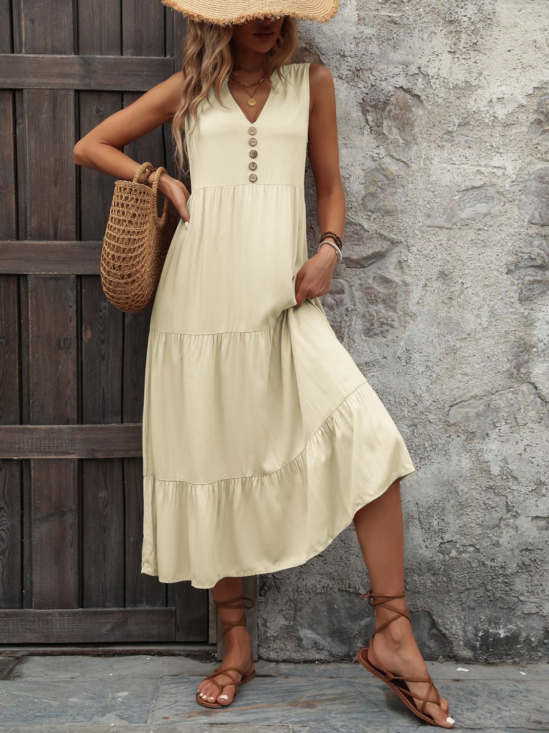 Ivy Lane Decorative Button Notched Sleeveless Dress - GirlyBayIvy Lane Decorative Button Notched Sleeveless Dress100100598932297SBeigeGirlyBayIvy Lane Decorative Button Notched Sleeveless Dress