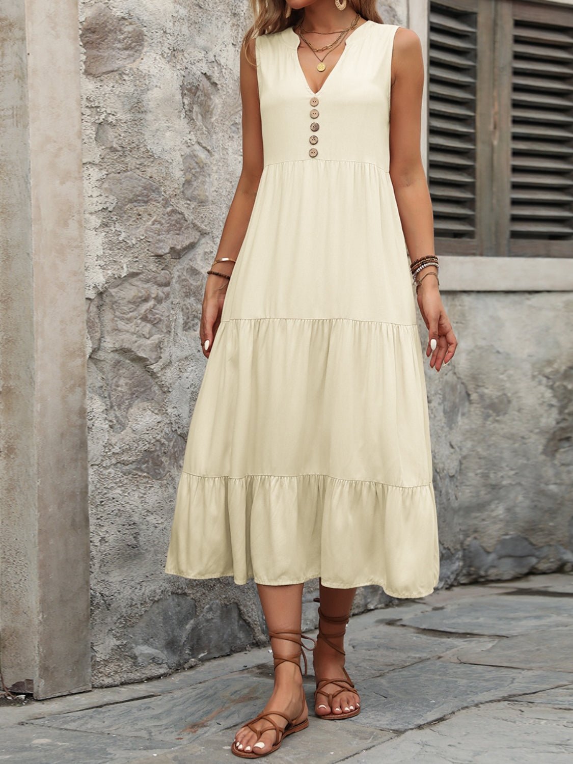 Ivy Lane Decorative Button Notched Sleeveless Dress - GirlyBayIvy Lane Decorative Button Notched Sleeveless Dress100100598932297SBeigeGirlyBayIvy Lane Decorative Button Notched Sleeveless Dress