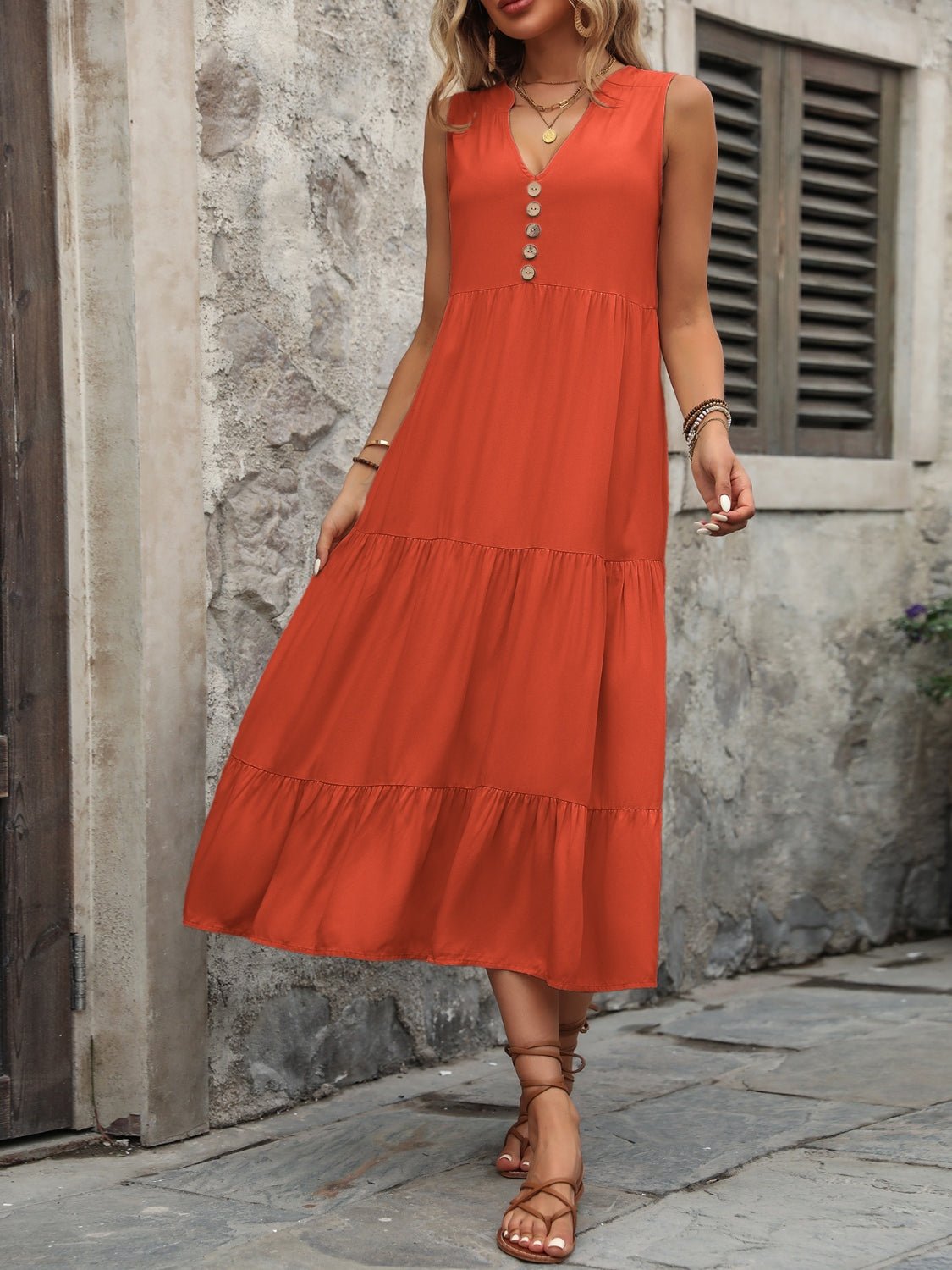 Ivy Lane Decorative Button Notched Sleeveless Dress - GirlyBayIvy Lane Decorative Button Notched Sleeveless Dress100100598932647SOrange - RedGirlyBayIvy Lane Decorative Button Notched Sleeveless Dress