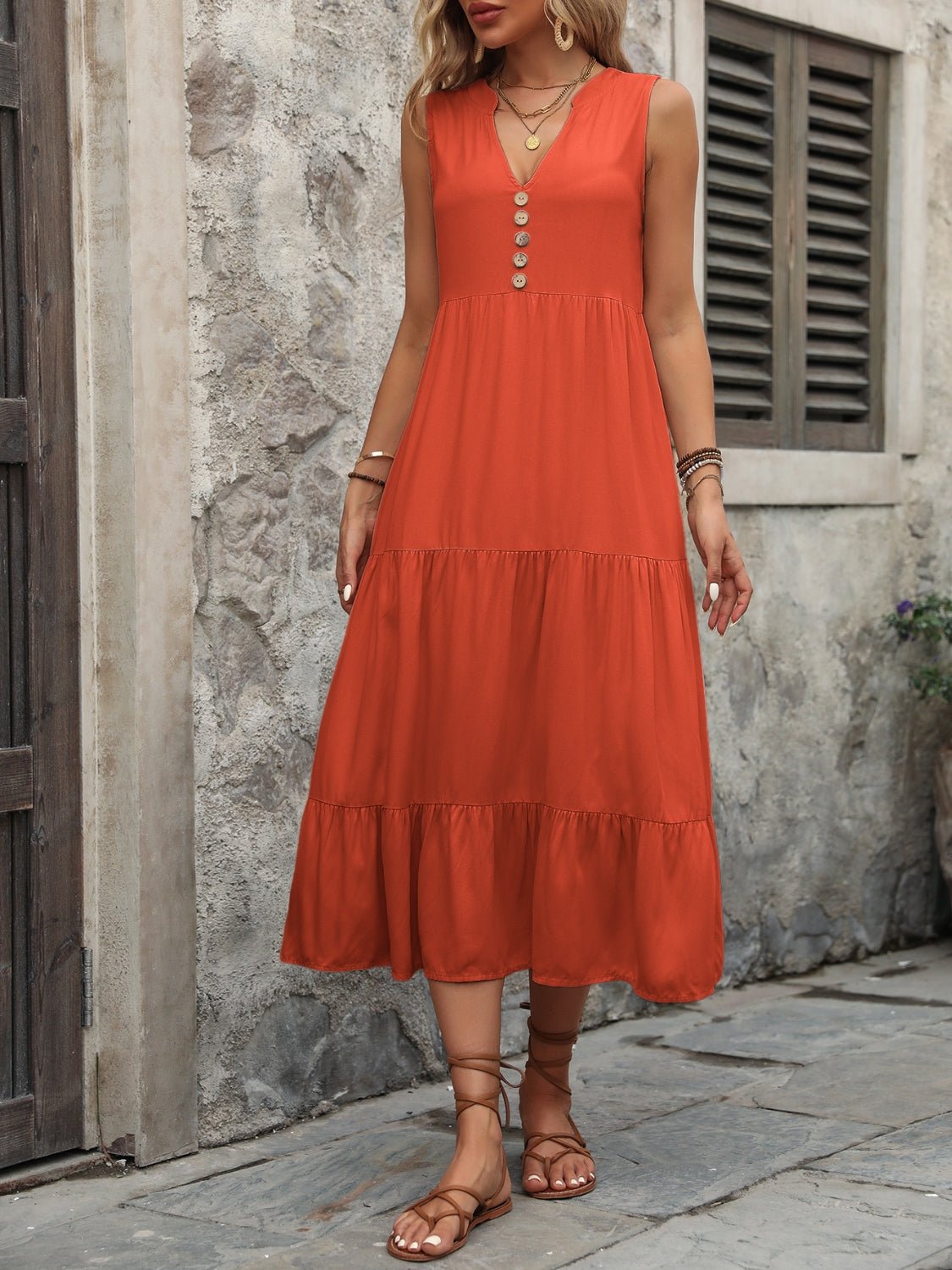 Ivy Lane Decorative Button Notched Sleeveless Dress - GirlyBayIvy Lane Decorative Button Notched Sleeveless Dress100100598932647SOrange - RedGirlyBayIvy Lane Decorative Button Notched Sleeveless Dress
