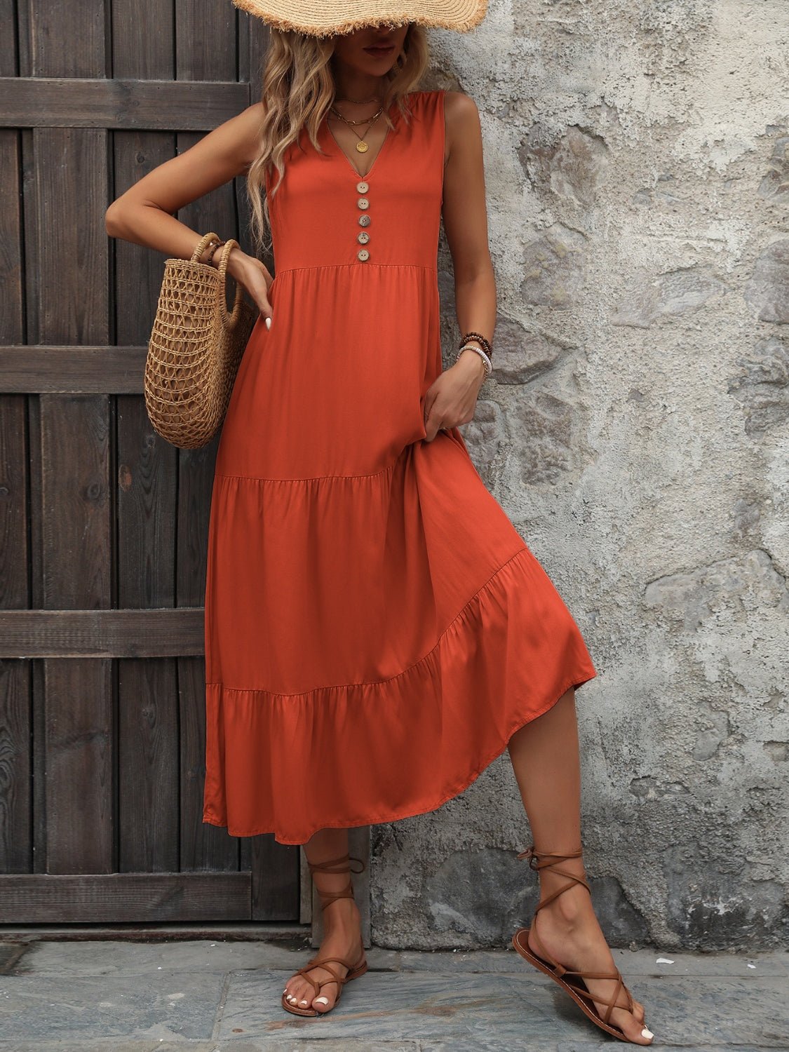 Ivy Lane Decorative Button Notched Sleeveless Dress - GirlyBayIvy Lane Decorative Button Notched Sleeveless Dress100100598932647SOrange - RedGirlyBayIvy Lane Decorative Button Notched Sleeveless Dress