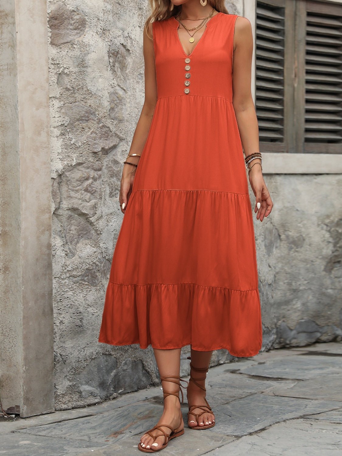 Ivy Lane Decorative Button Notched Sleeveless Dress - GirlyBayIvy Lane Decorative Button Notched Sleeveless Dress100100598932647SOrange - RedGirlyBayIvy Lane Decorative Button Notched Sleeveless Dress