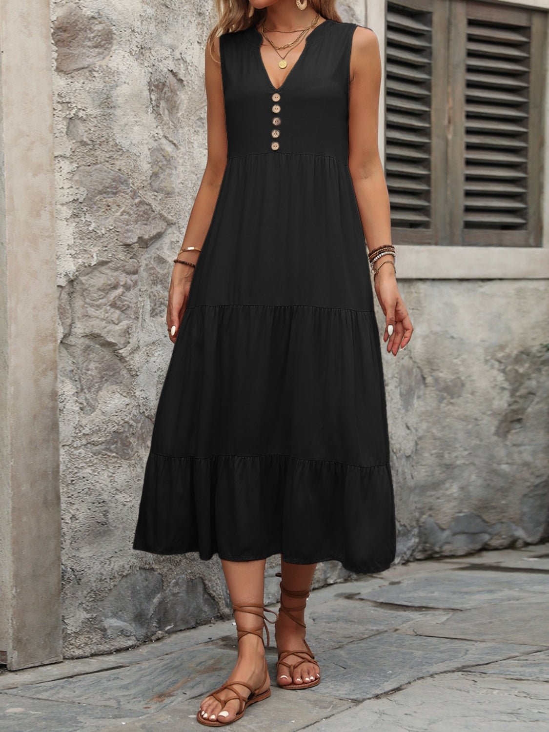 Ivy Lane Decorative Button Notched Sleeveless Dress - GirlyBayIvy Lane Decorative Button Notched Sleeveless Dress100100598938378SBlackGirlyBayIvy Lane Decorative Button Notched Sleeveless Dress