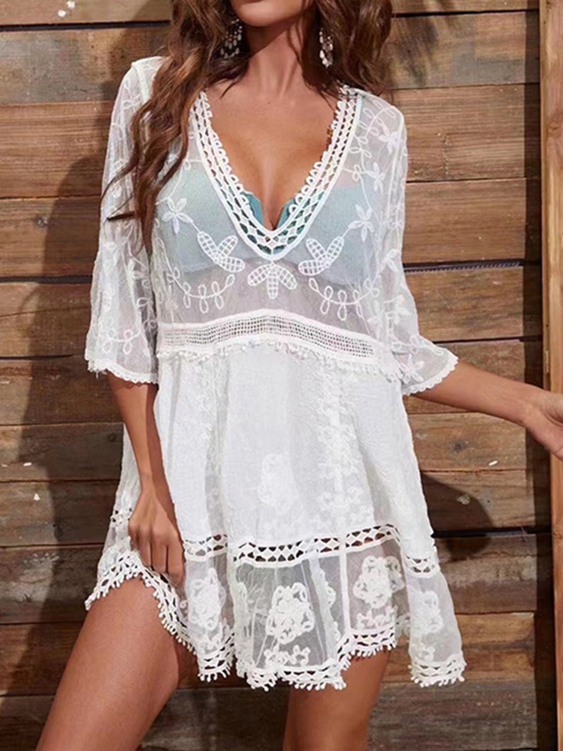 Lace Detail Plunge Cover-Up Dress - GirlyBayCover Ups#original_value#100100898952509One SizeWhite#shop_