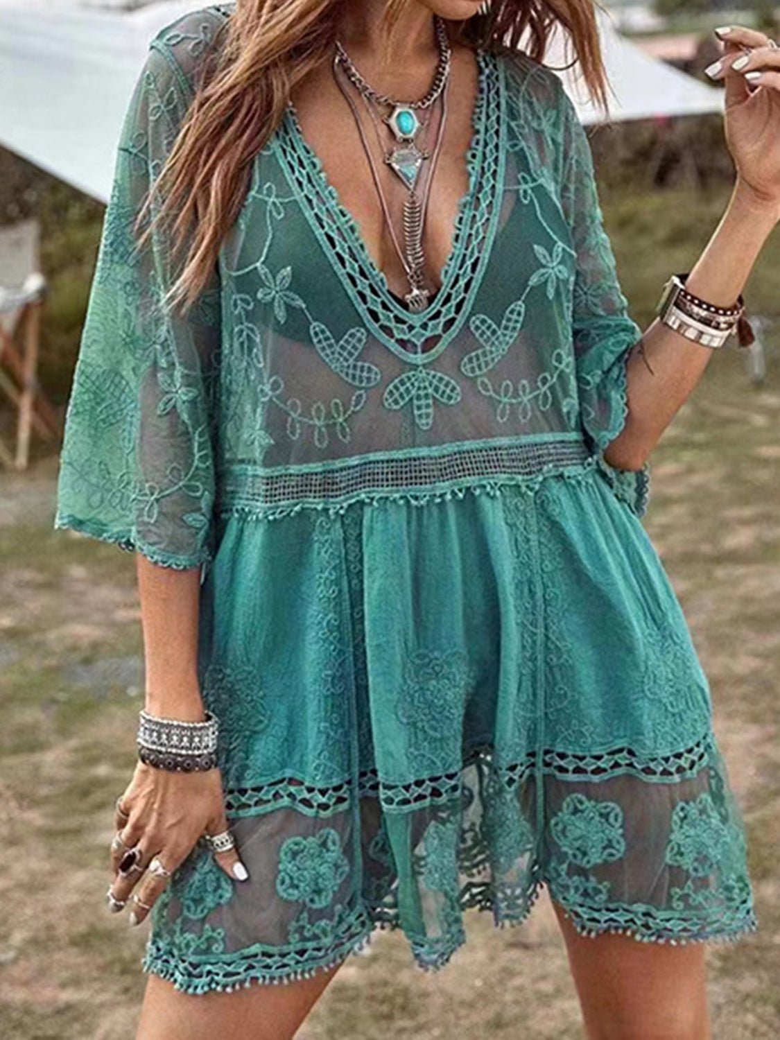 Lace Detail Plunge Cover-Up Dress - GirlyBayCover Ups#original_value#100100898954403One SizeTeal#shop_