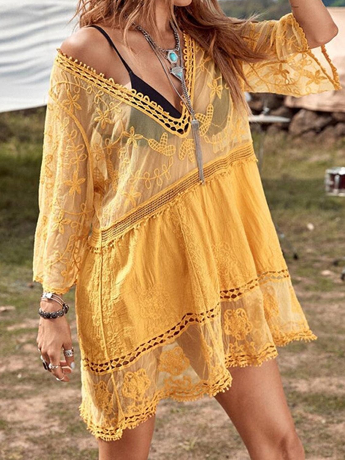 Lace Detail Plunge Cover-Up Dress - GirlyBayCover Ups#original_value#100100898955797One SizeGold#shop_