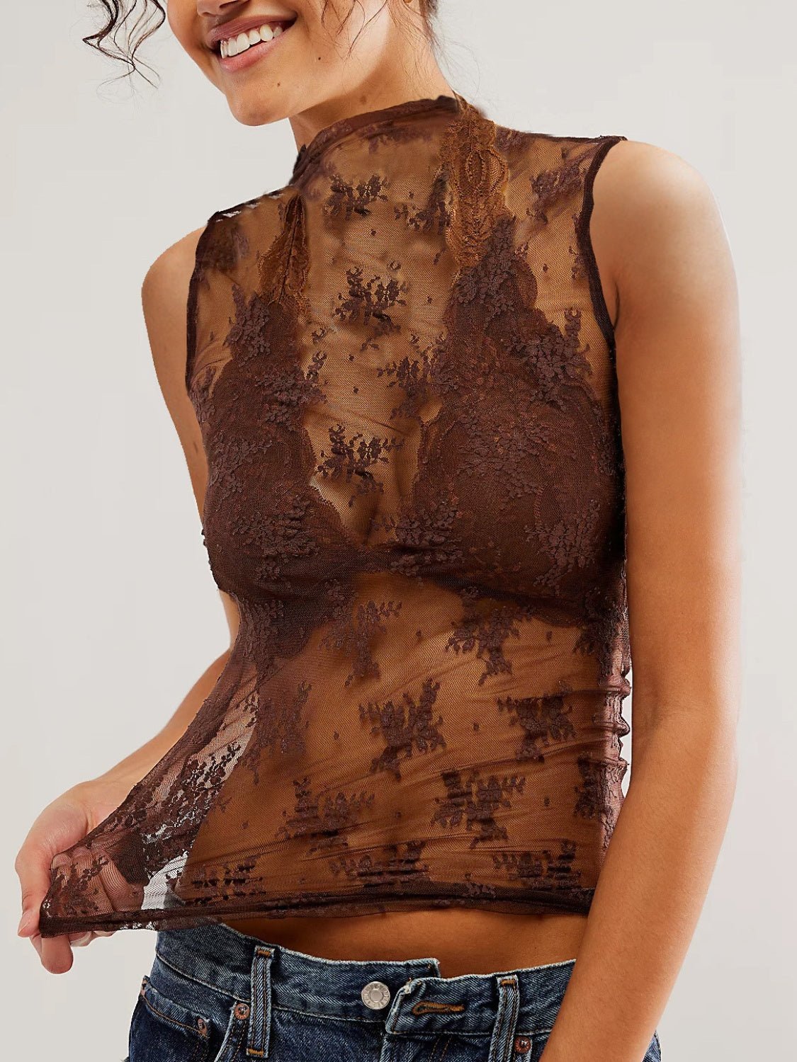 Lace Mock Neck Top - GirlyBayLace Mock Neck Top100100152147769XSBrownGirlyBayLace Mock Neck Top