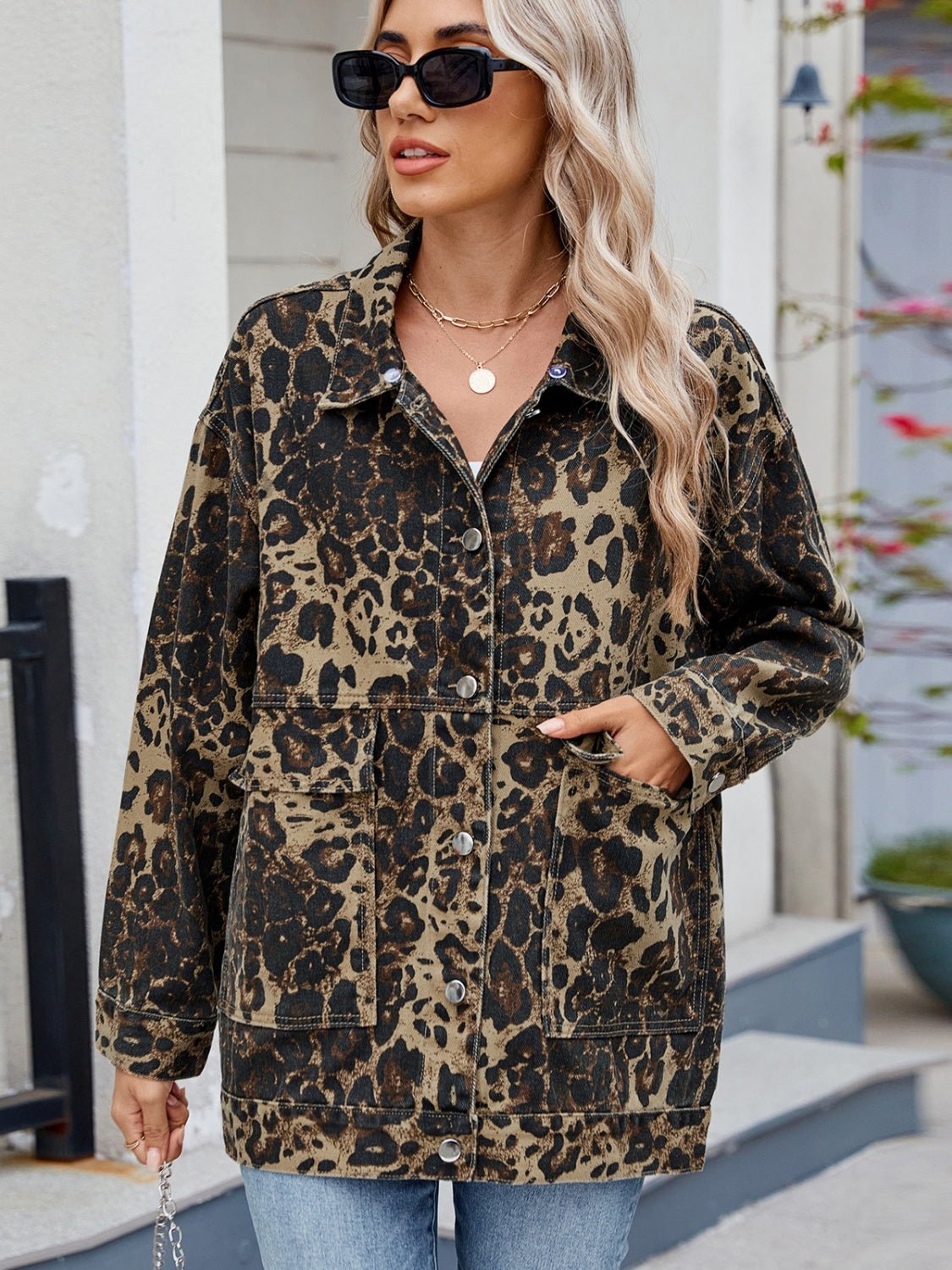 Leopard Button Up Drop Shoulder Denim Jacket - GirlyBayOuterwearLeopard Button Up Drop Shoulder Denim Jacket100100625150219SLeopardGirlyBayLeopard Button Up Drop Shoulder Denim Jacket