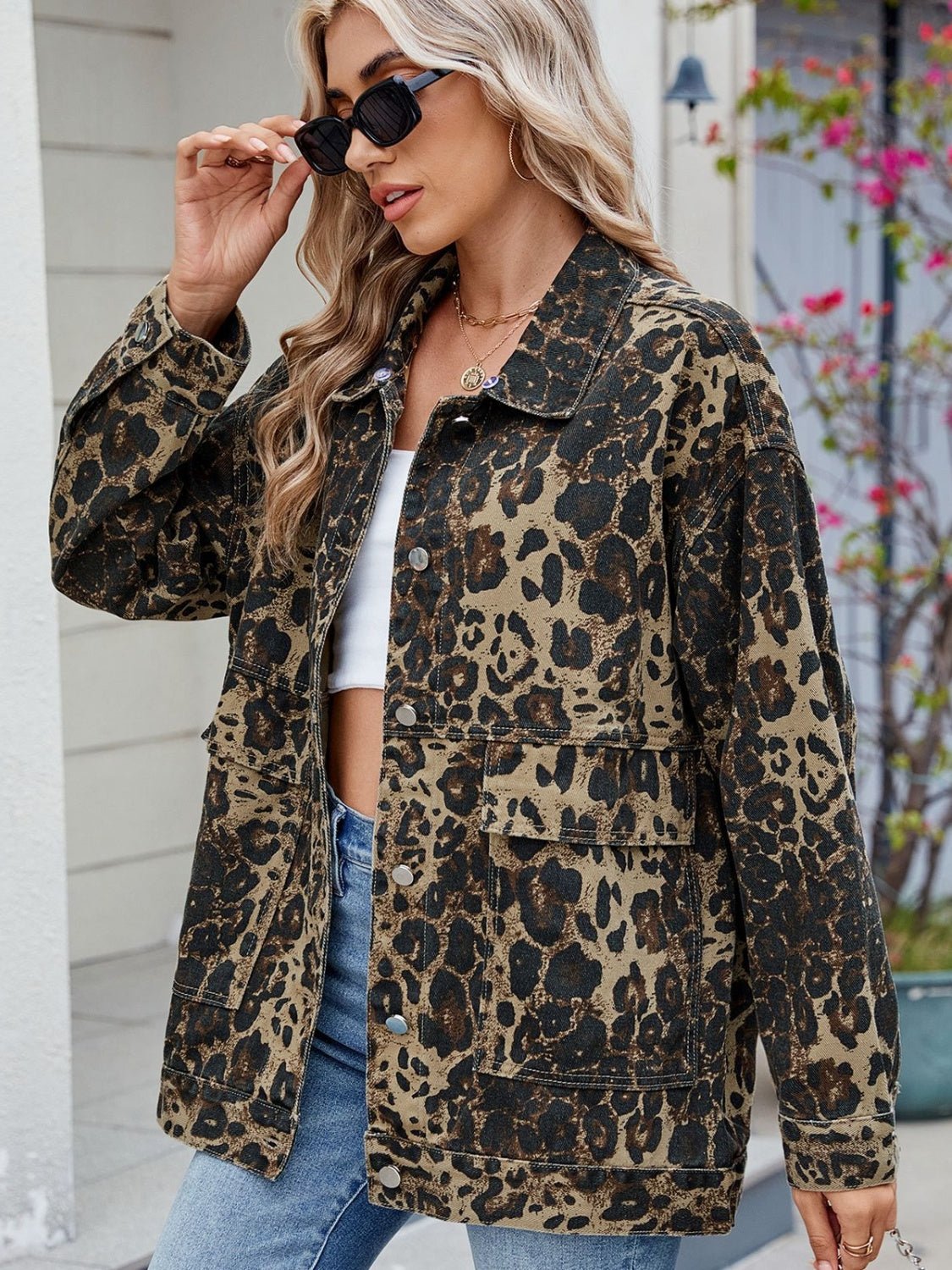 Leopard Button Up Drop Shoulder Denim Jacket - GirlyBayOuterwearLeopard Button Up Drop Shoulder Denim Jacket100100625150219SLeopardGirlyBayLeopard Button Up Drop Shoulder Denim Jacket