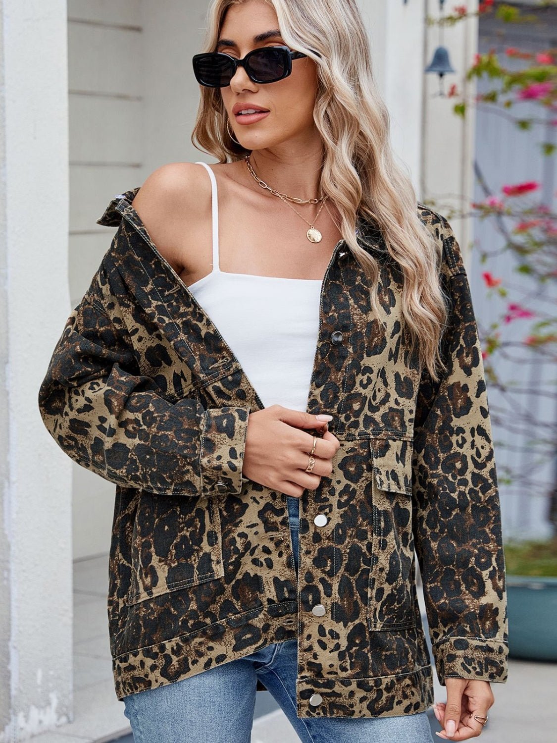 Leopard Button Up Drop Shoulder Denim Jacket - GirlyBayOuterwearLeopard Button Up Drop Shoulder Denim Jacket100100625150219SLeopardGirlyBayLeopard Button Up Drop Shoulder Denim Jacket