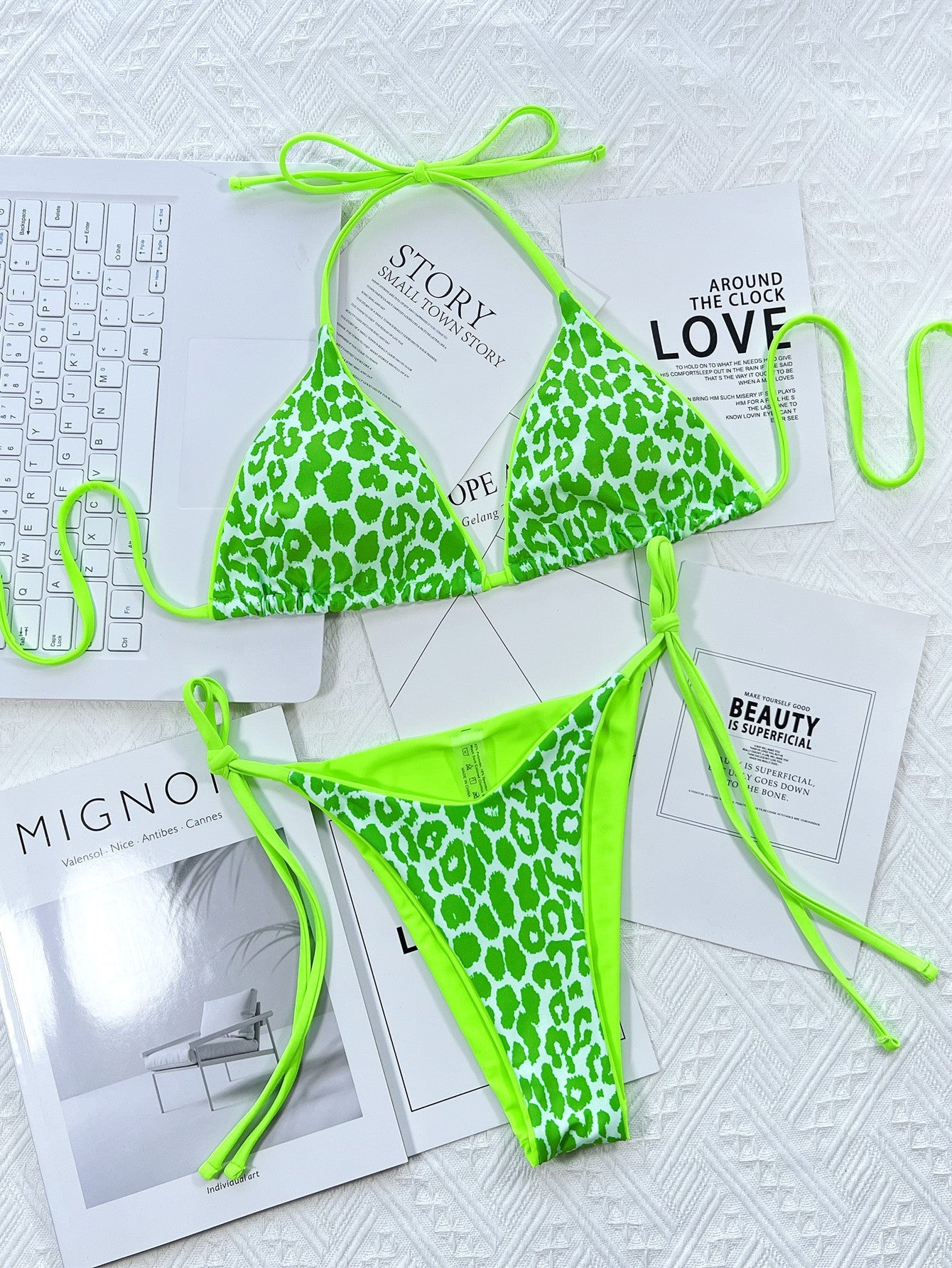 Leopard Print Halter Neck Tie Side Bikini SetBikinis & TankinisTrendsiGirlyBay100100456648972Mint GreenSDouble.T
