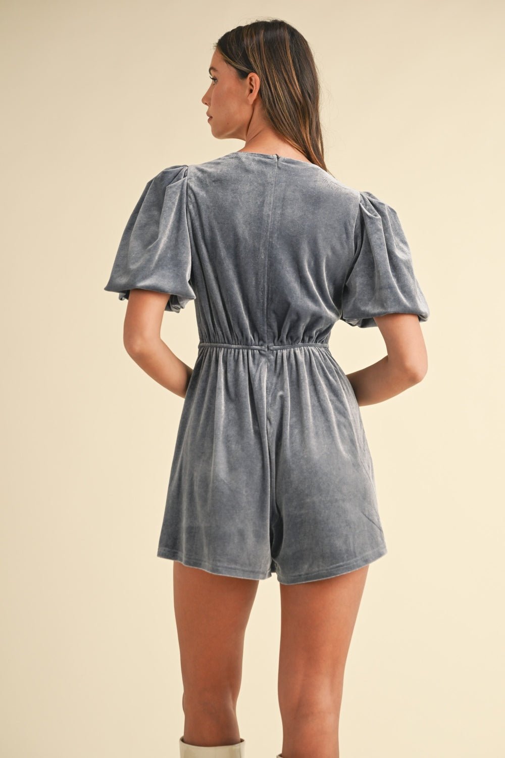 Mable Jewel Bow Decor Puff Sleeve Velvet Romper - GirlyBayJumpsuits & RompersMable Jewel Bow Decor Puff Sleeve Velvet Romper100100569111336SDusty BlueGirlyBayMable Jewel Bow Decor Puff Sleeve Velvet Romper