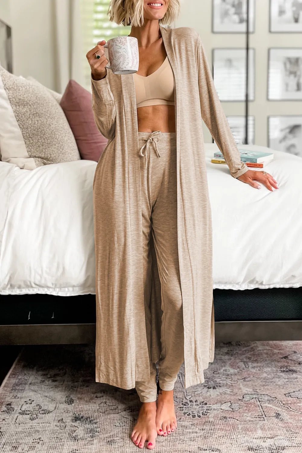 Open Front Long Sleeve Cardigan and Pants Lounge Set - GirlyBayLoungewear & UnderwearOpen Front Long Sleeve Cardigan and Pants Lounge Set100100933175234STanGirlyBayOpen Front Long Sleeve Cardigan and Pants Lounge Set