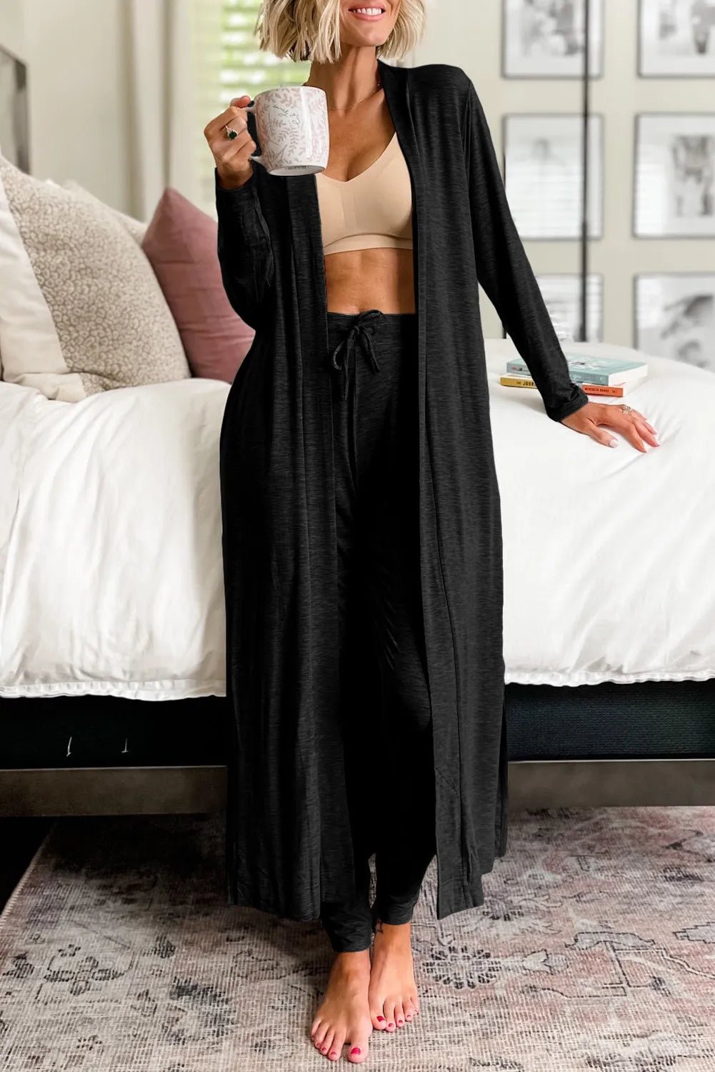 Open Front Long Sleeve Cardigan and Pants Lounge Set - GirlyBayLoungewear & UnderwearOpen Front Long Sleeve Cardigan and Pants Lounge Set100100933179450SBlackGirlyBayOpen Front Long Sleeve Cardigan and Pants Lounge Set