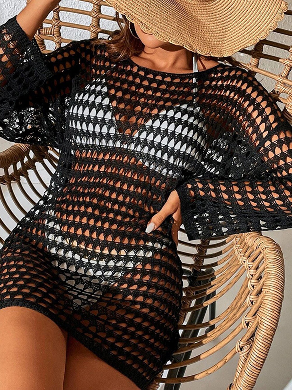 Openwork Boat Neck Long Sleeve Cover-UpCover UpsTrendsiGirlyBayShip From Overseas9Trendsi