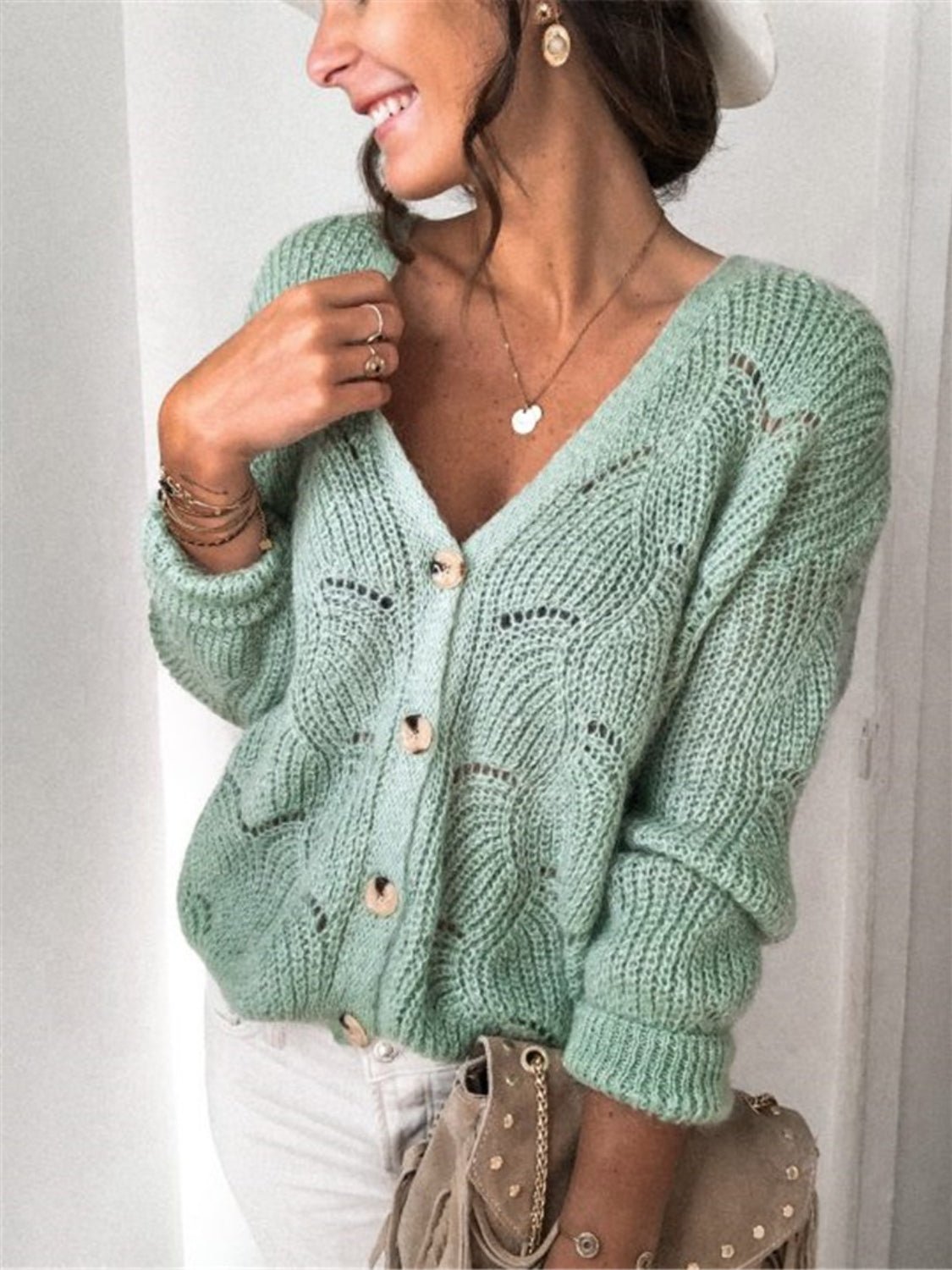 Openwork Button Up Long Sleeve Cardigan - GirlyBayOuterwearOpenwork Button Up Long Sleeve Cardigan100100958010906SLight GreenGirlyBayOpenwork Button Up Long Sleeve Cardigan