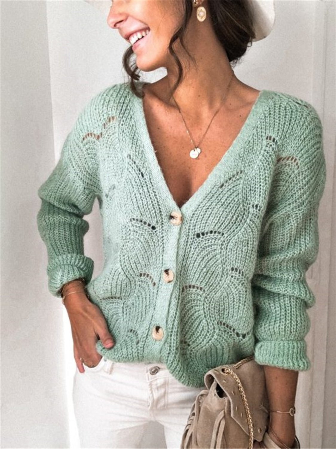 Openwork Button Up Long Sleeve Cardigan - GirlyBayOuterwearOpenwork Button Up Long Sleeve Cardigan100100958010906SLight GreenGirlyBayOpenwork Button Up Long Sleeve Cardigan