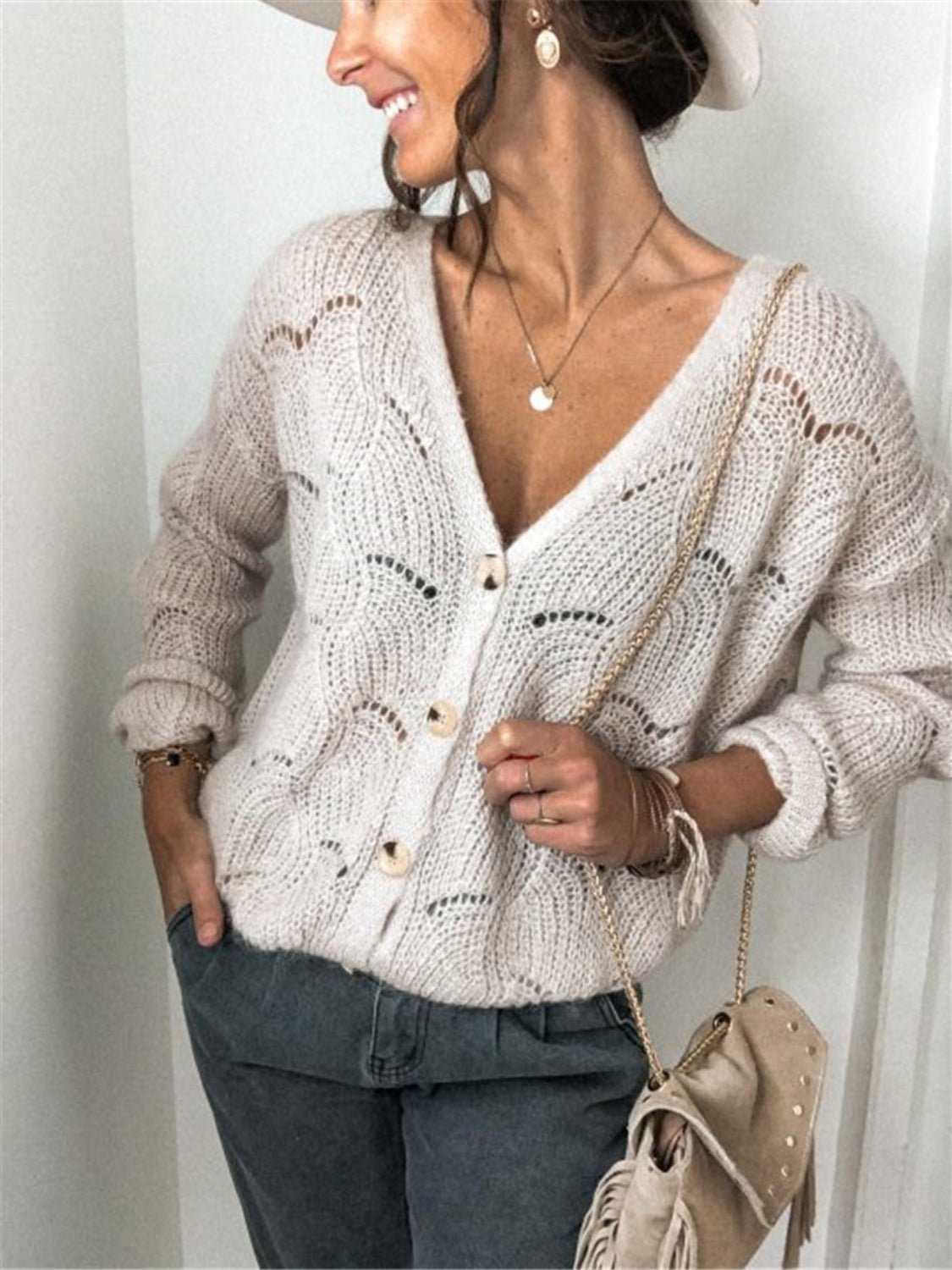 Openwork Button Up Long Sleeve Cardigan - GirlyBayOuterwearOpenwork Button Up Long Sleeve Cardigan100100958012571SBeigeGirlyBayOpenwork Button Up Long Sleeve Cardigan
