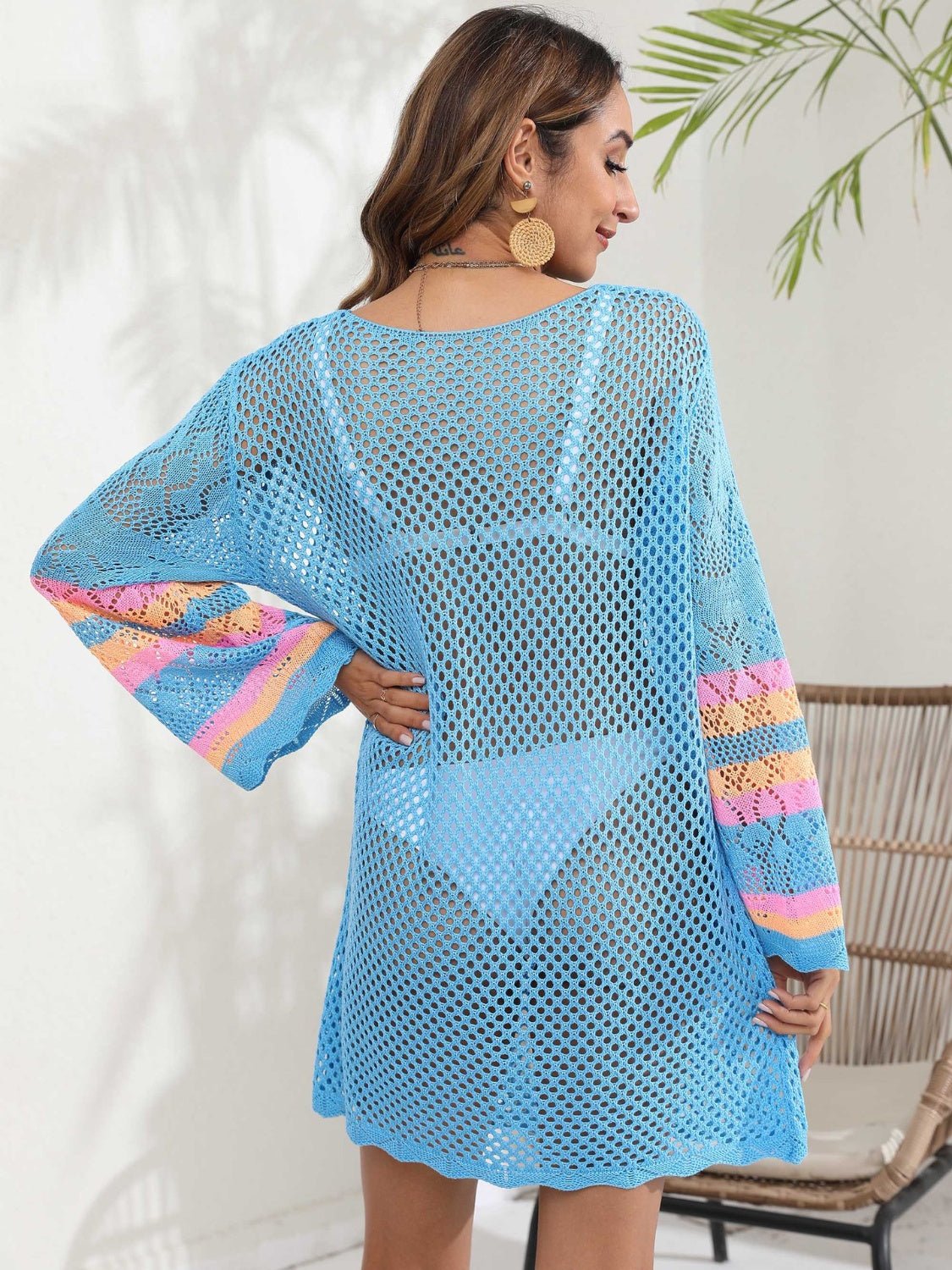 Openwork Contrast Long Sleeve Cover-UpCover UpsTrendsiGirlyBayLight Blue