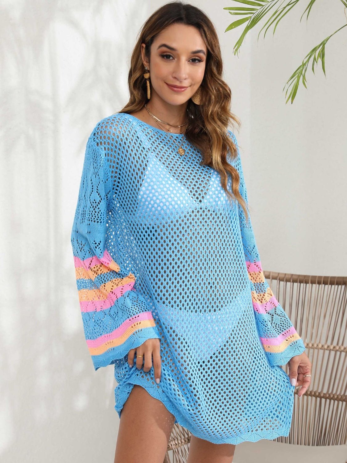Openwork Contrast Long Sleeve Cover-UpCover UpsTrendsiGirlyBayLight Blue