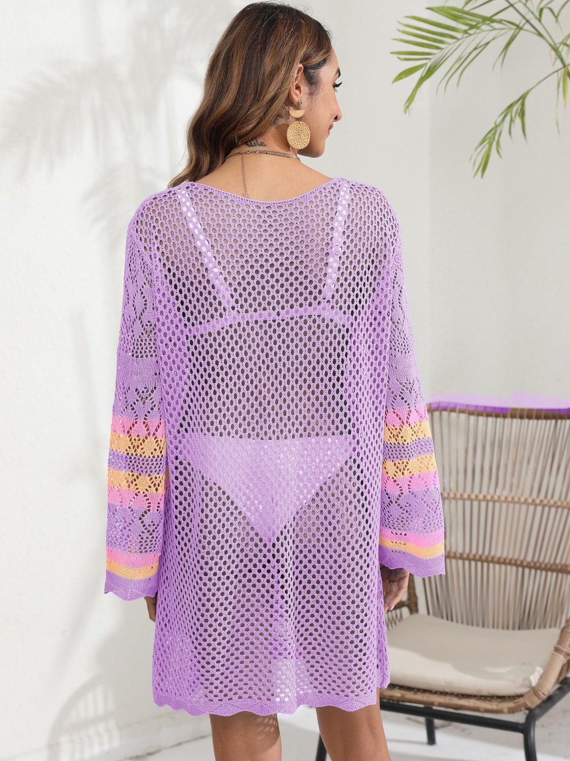 Openwork Contrast Long Sleeve Cover-UpCover UpsTrendsiGirlyBayRed-Violet