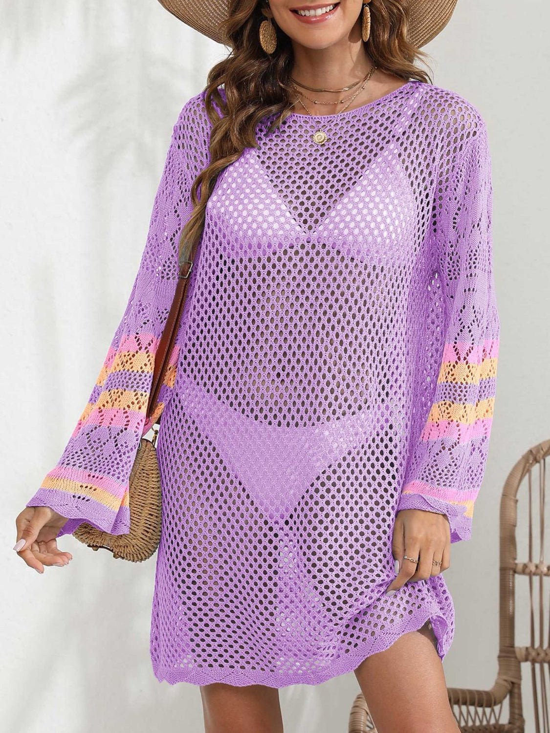 Openwork Contrast Long Sleeve Cover-UpCover UpsTrendsiGirlyBayRed-Violet