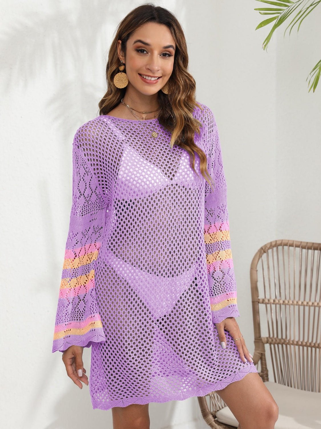 Openwork Contrast Long Sleeve Cover-UpCover UpsTrendsiGirlyBayRed-Violet