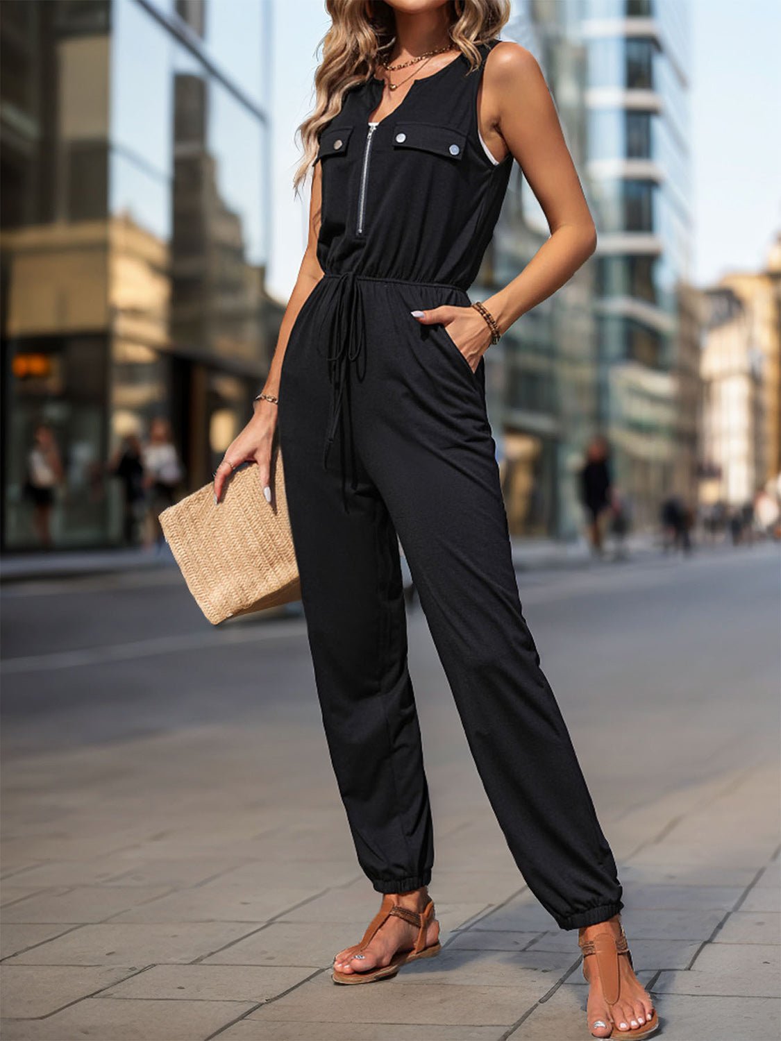 Perfee Half Zip Sleeveless Jumpsuit with Pockets - GirlyBayJumpsuits & RompersPerfee Half Zip Sleeveless Jumpsuit with Pockets100100518251426SBlackGirlyBayPerfee Half Zip Sleeveless Jumpsuit with Pockets