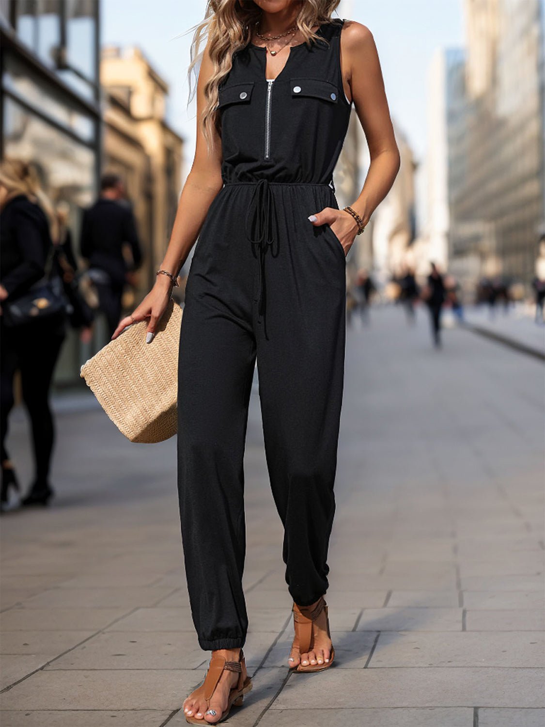 Perfee Half Zip Sleeveless Jumpsuit with Pockets - GirlyBayJumpsuits & RompersPerfee Half Zip Sleeveless Jumpsuit with Pockets100100518251426SBlackGirlyBayPerfee Half Zip Sleeveless Jumpsuit with Pockets