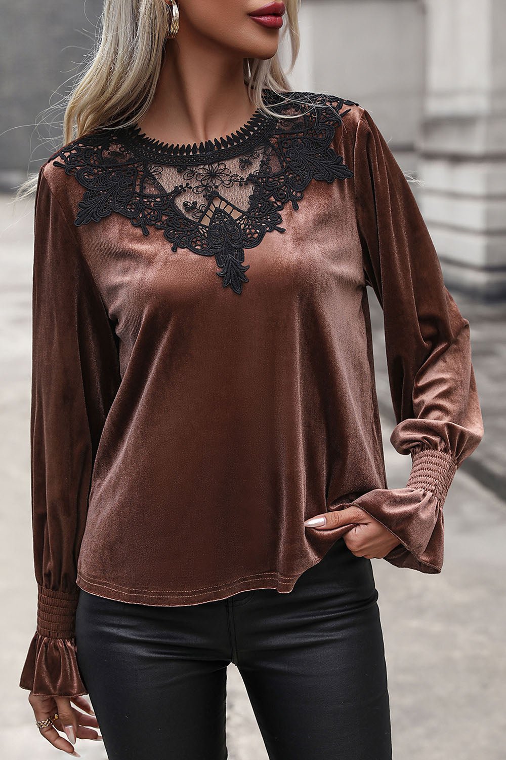 Perfee Lace Detail Round Neck Smocked Flounce Sleeve Blouse - GirlyBayPerfee Lace Detail Round Neck Smocked Flounce Sleeve Blouse100101600572194SChestnutGirlyBayPerfee Lace Detail Round Neck Smocked Flounce Sleeve Blouse