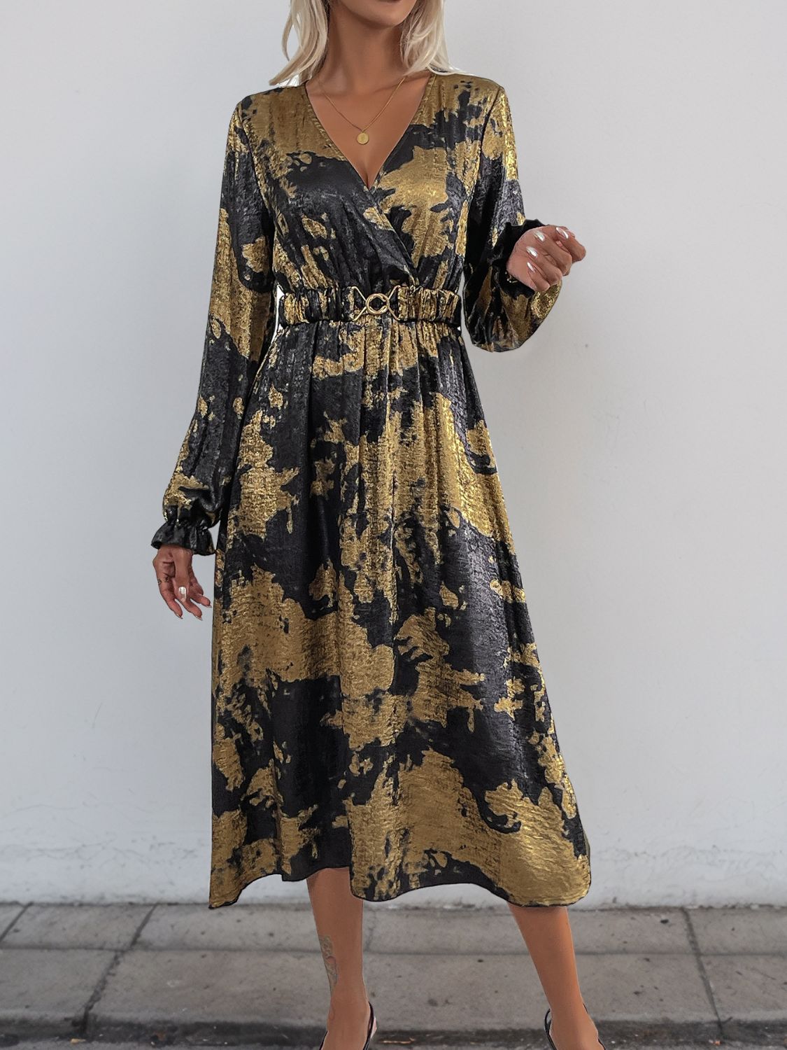 Perfee Printed Surplice Long Sleeve Midi Dress - GirlyBayPerfee Printed Surplice Long Sleeve Midi Dress100100562571884SBlackGirlyBayPerfee Printed Surplice Long Sleeve Midi Dress