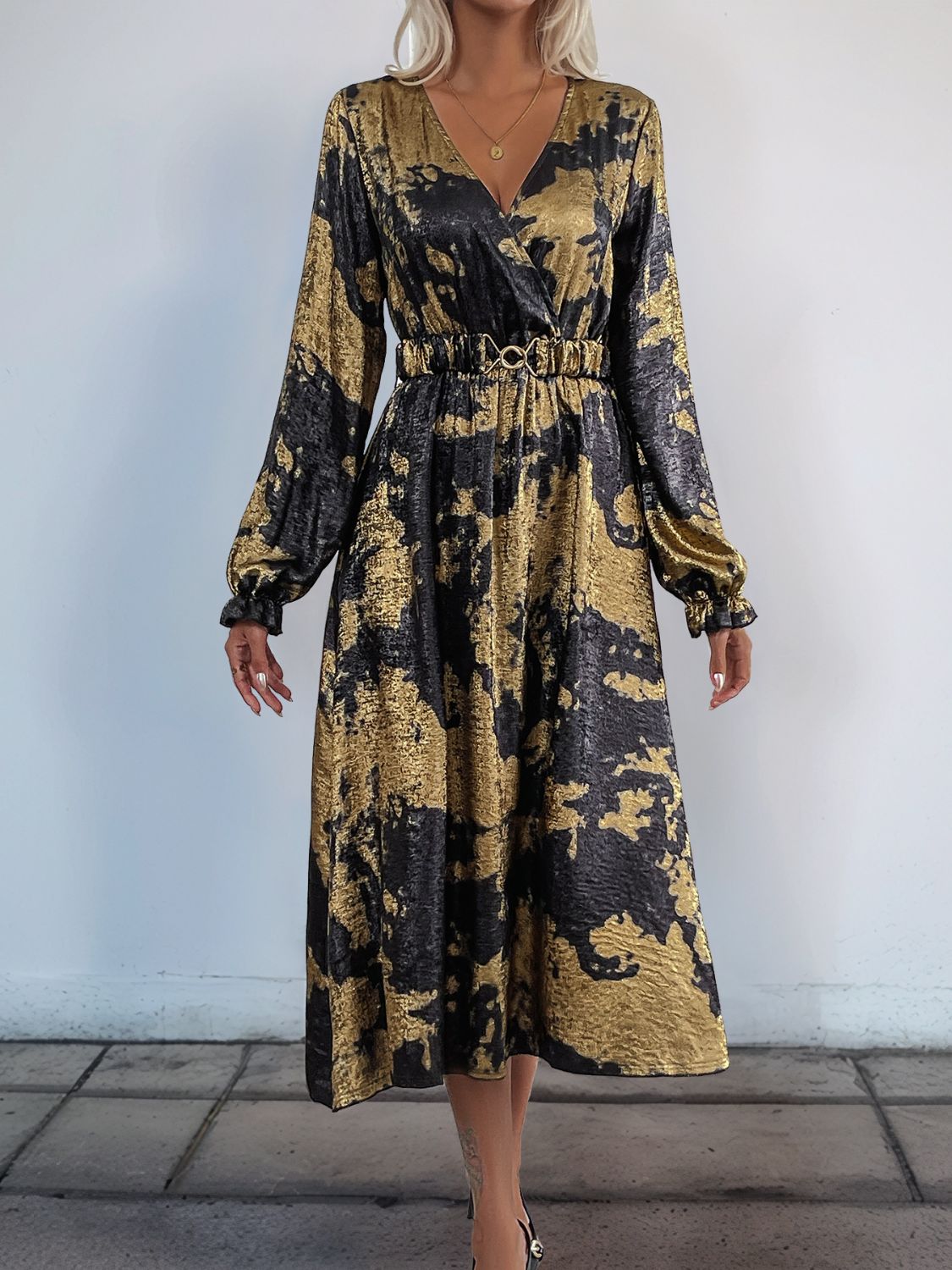 Perfee Printed Surplice Long Sleeve Midi Dress - GirlyBayPerfee Printed Surplice Long Sleeve Midi Dress100100562571884SBlackGirlyBayPerfee Printed Surplice Long Sleeve Midi Dress