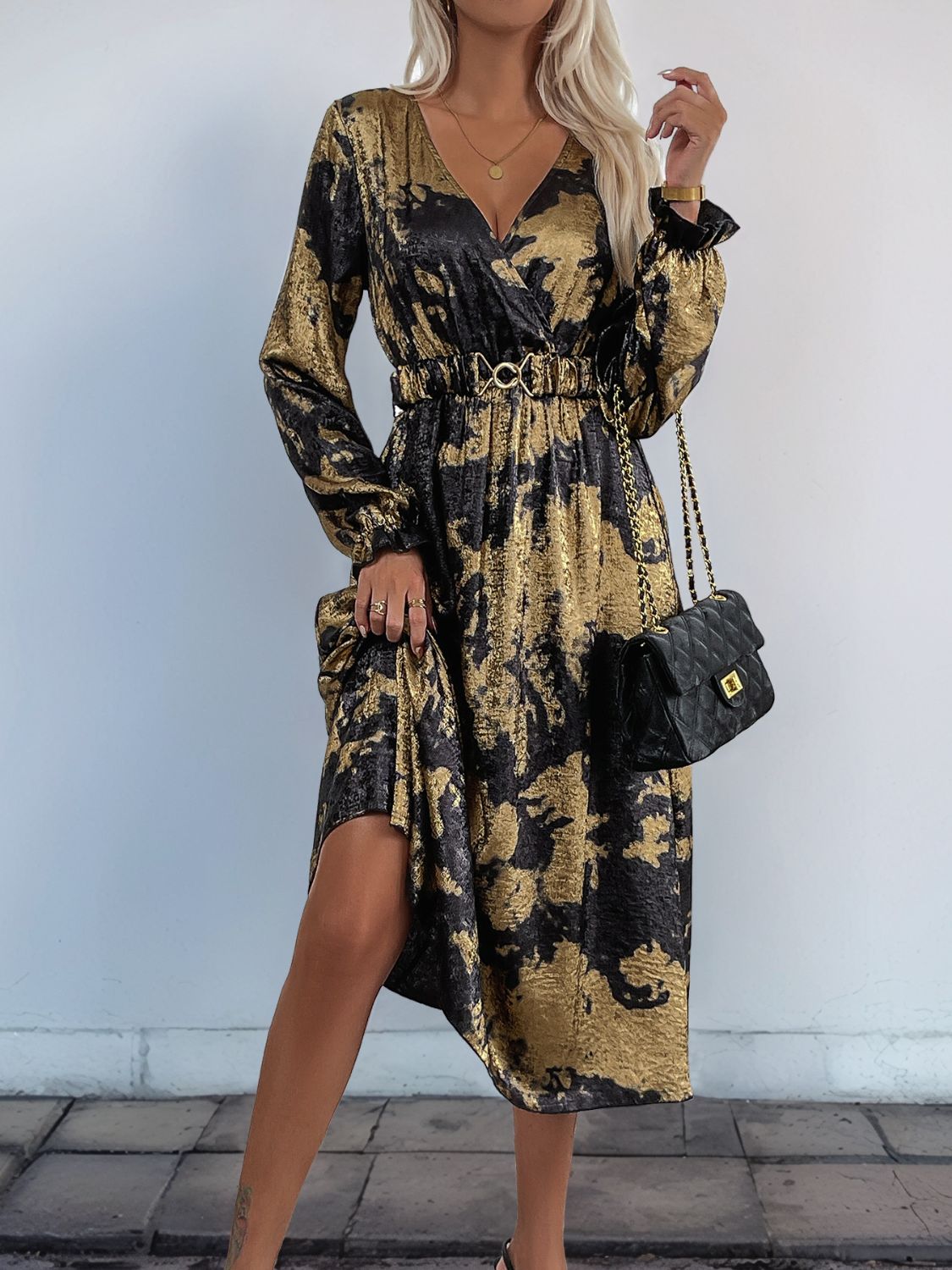 Perfee Printed Surplice Long Sleeve Midi Dress - GirlyBayPerfee Printed Surplice Long Sleeve Midi Dress100100562571884SBlackGirlyBayPerfee Printed Surplice Long Sleeve Midi Dress