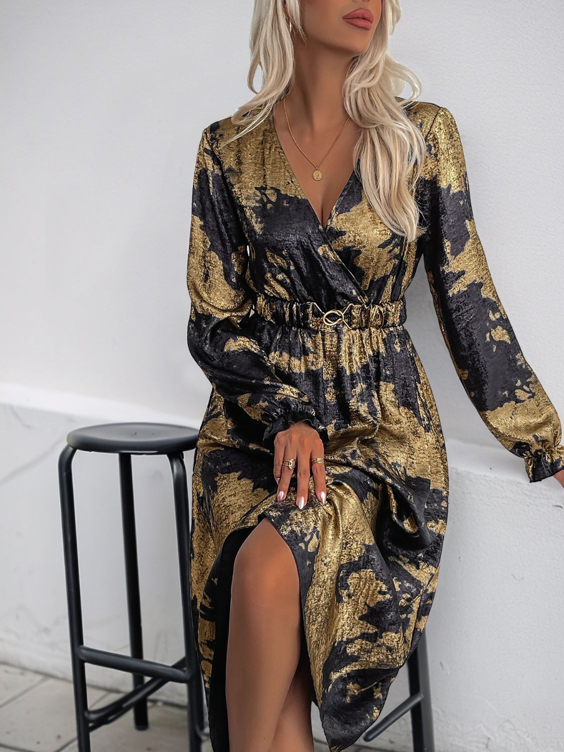 Perfee Printed Surplice Long Sleeve Midi Dress - GirlyBayPerfee Printed Surplice Long Sleeve Midi Dress100100562571884SBlackGirlyBayPerfee Printed Surplice Long Sleeve Midi Dress