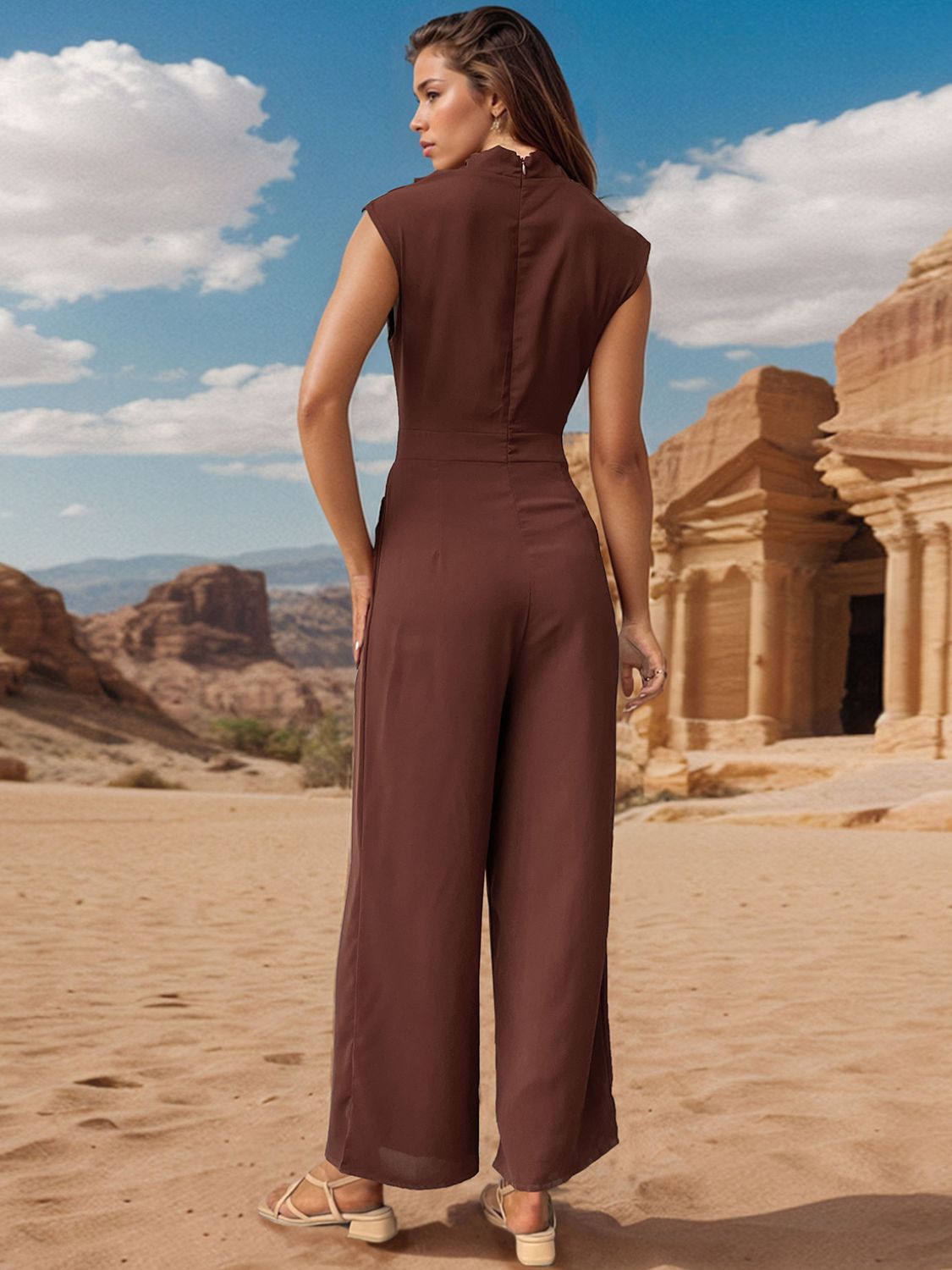 Perfee Ruched Mock Neck Sleeveless Jumpsuit - GirlyBayJumpsuits & RompersPerfee Ruched Mock Neck Sleeveless Jumpsuit100100345642914MBrownGirlyBayPerfee Ruched Mock Neck Sleeveless Jumpsuit