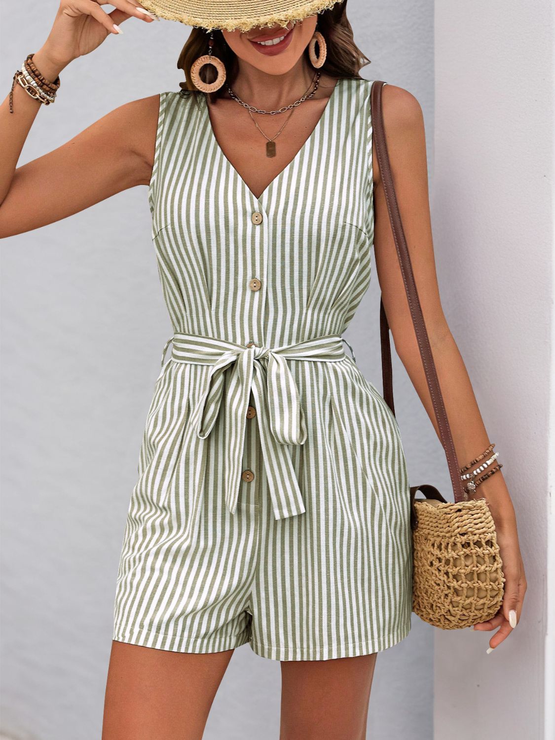 Perfee Striped V-Neck Tie Waist RomperJumpsuits & RompersTrendsiGirlyBay100100570681390SageSPerfeeShip From Overseas
