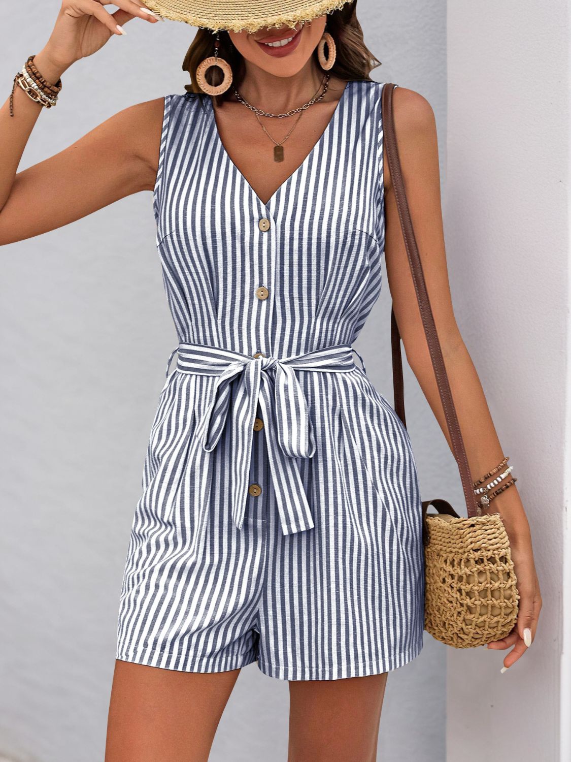 Perfee Striped V-Neck Tie Waist RomperJumpsuits & RompersTrendsiGirlyBay100100570681460StripeSPerfeeShip From Overseas