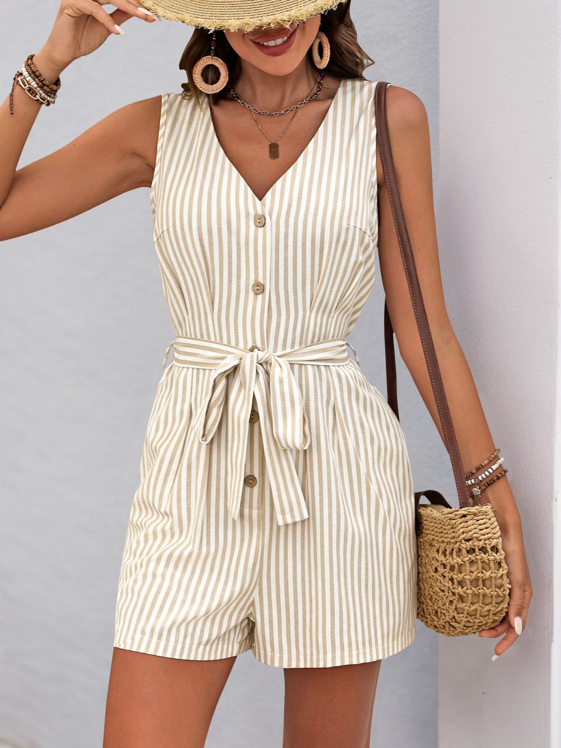 Perfee Striped V-Neck Tie Waist RomperJumpsuits & RompersTrendsiGirlyBay100100570681723BeigeSPerfeeShip From Overseas