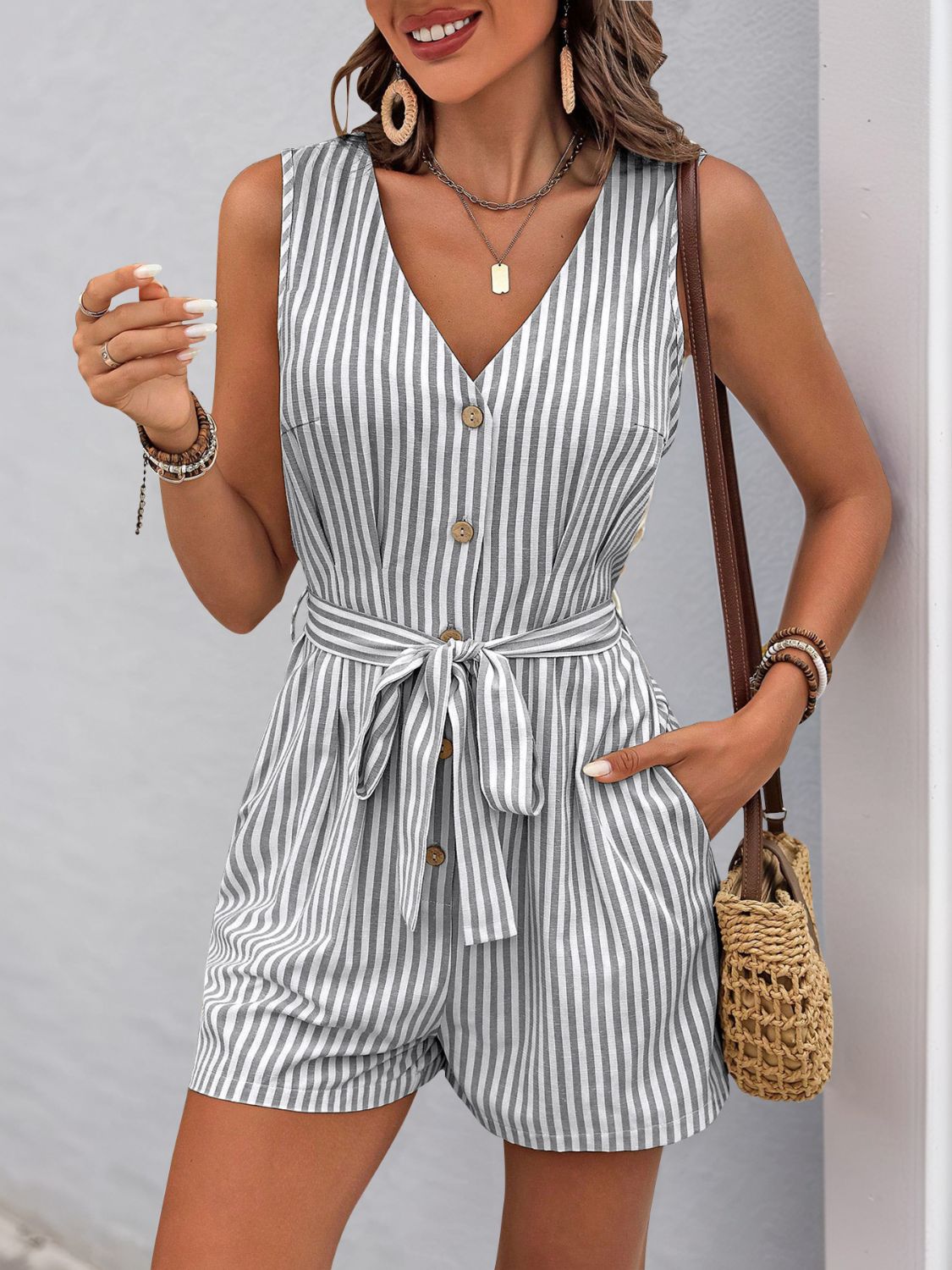Perfee Striped V-Neck Tie Waist RomperJumpsuits & RompersTrendsiGirlyBay100100570682158Light GraySPerfeeShip From Overseas