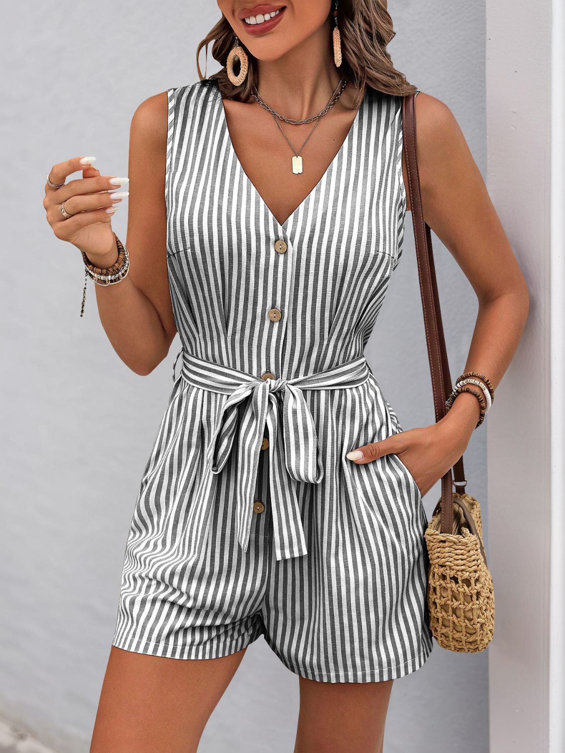 Perfee Striped V-Neck Tie Waist RomperJumpsuits & RompersTrendsiGirlyBay100100570682595GraySPerfeeShip From Overseas