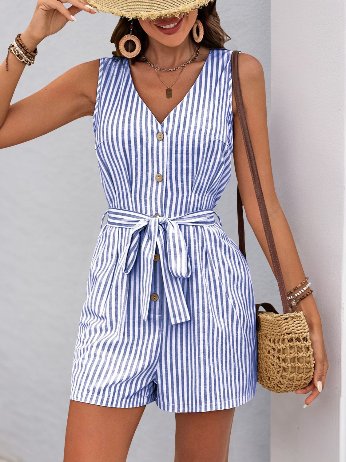 Perfee Striped V-Neck Tie Waist RomperJumpsuits & RompersTrendsiGirlyBay100100570682908BlueSPerfeeShip From Overseas