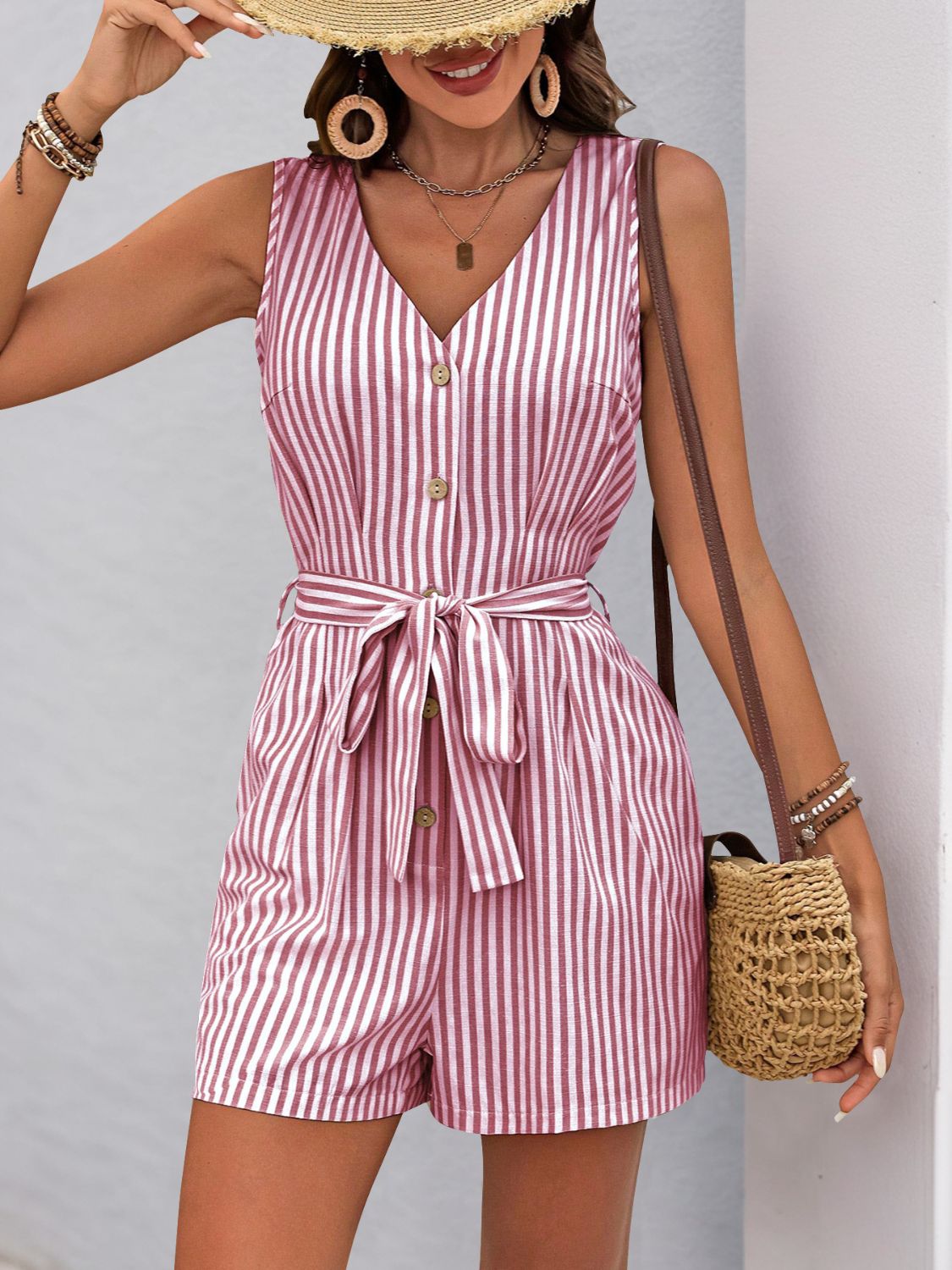 Perfee Striped V-Neck Tie Waist RomperJumpsuits & RompersTrendsiGirlyBay100100570689468CeriseSPerfeeShip From Overseas